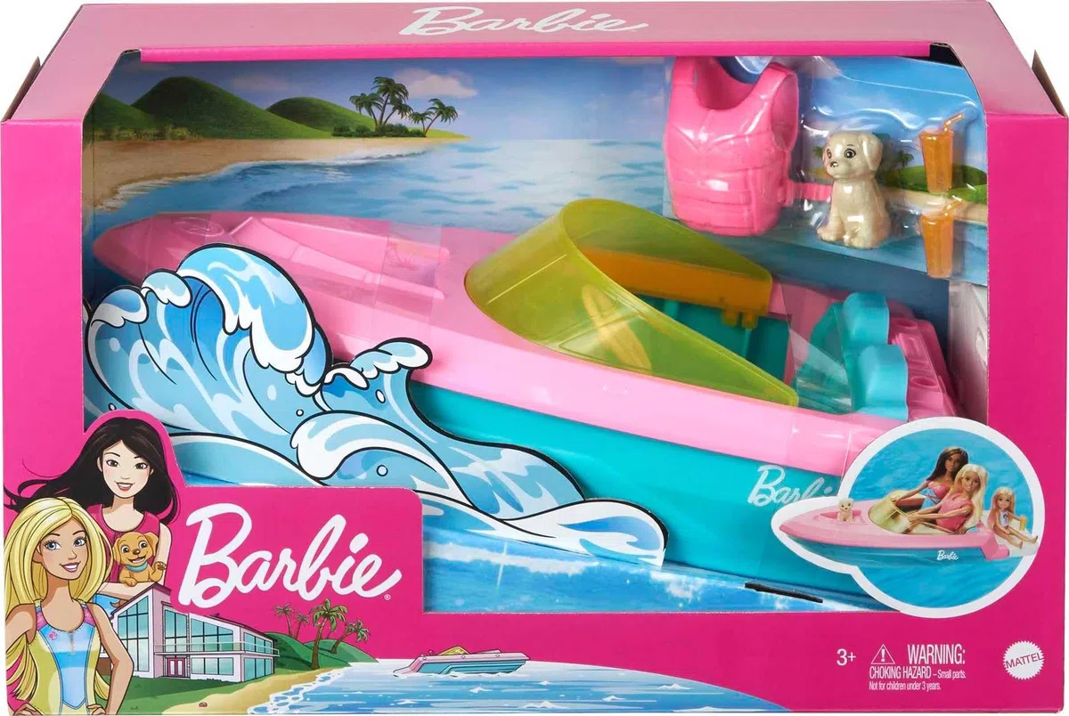 Barbie Mobilier Bateau pouvant Transporter 3 poupées avec Gilet de Sauvetage, Figurine Chiot et 2 Verres, Jouet pour Enfant, GRG29