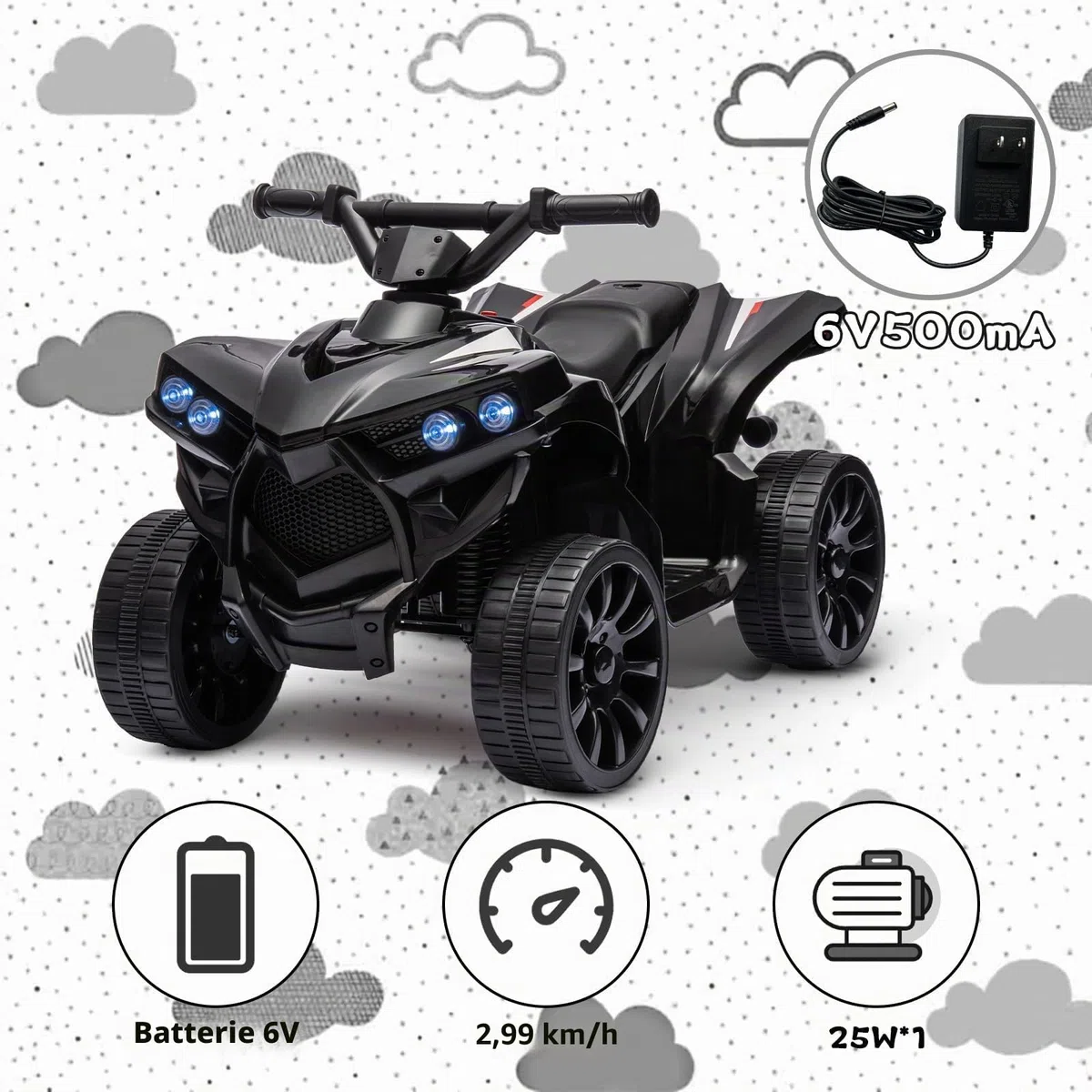 Garvee Quad Électrique Enfant, Voiture Électrique pour Enfants avec LED Et Musique,1.5-3 km/h, Klaxon, ATV pour Enfants 3+