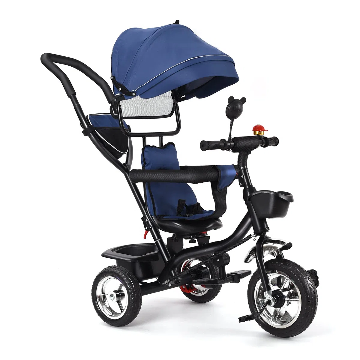 Tricycle Enfants évolutif Canne et Pare-Soleil Pliable Amovible Sacoche et Panier Acier Tricycle Enfant Évolutif, Vélo, Accessoires, jusqu'à 5 Ans (4 en 1 (Bleu Foncé))