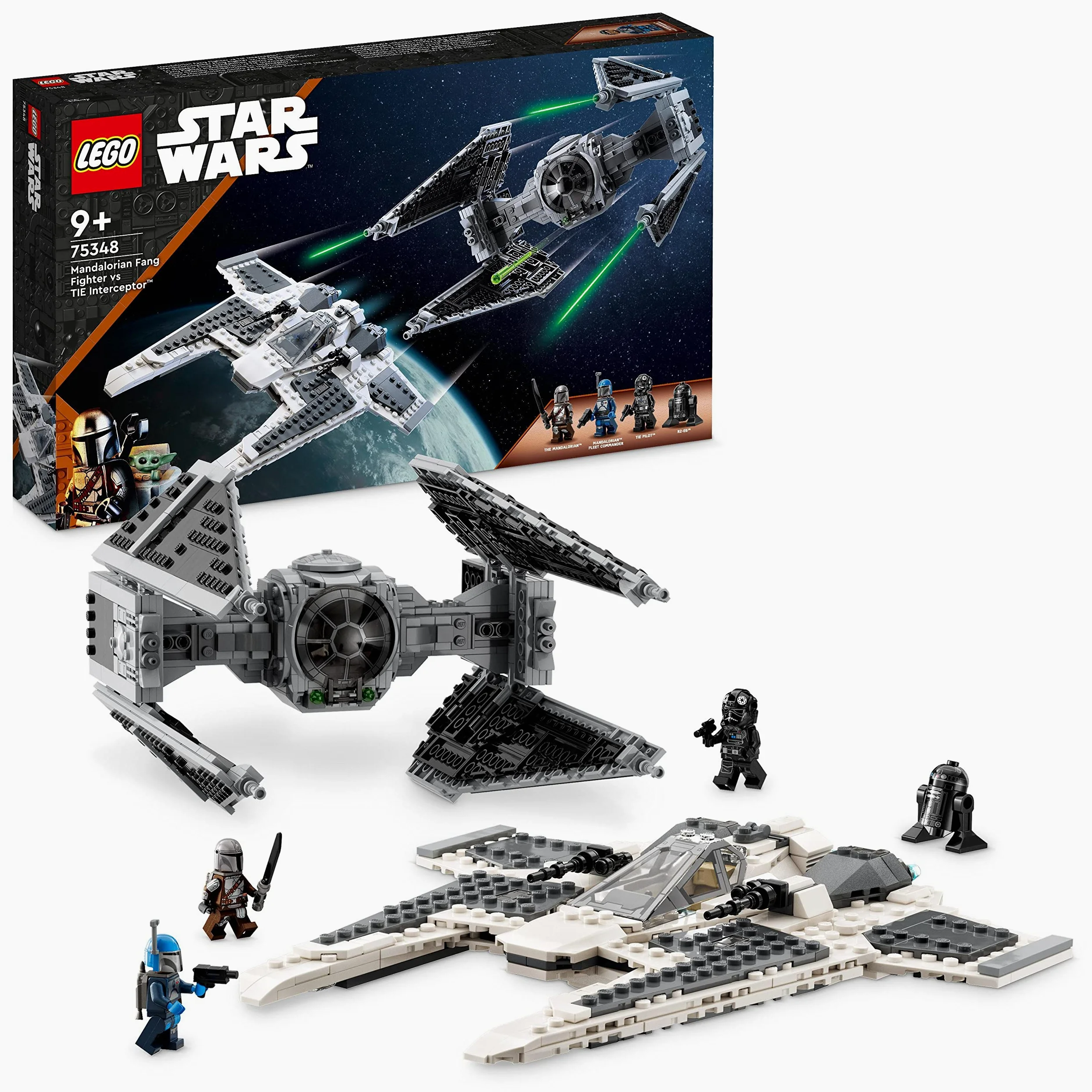 LEGO Star Wars Le Chasseur Fang Mandalorien Contre Le TIE Interceptor - Jeu de Construction de Vaisseaux Spatiaux pour Enfants avec 3 Minifigurines, Figurine Droïde et Sabre Noir - Idée Cadeau 75348