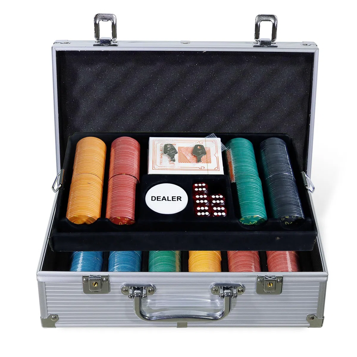 Jeu de Jetons de Poker, 300/500 Jetons de Poker de Casino avec Boîtier en Aluminium, Cartes à Jouer, 5 dés, 3 Dealer