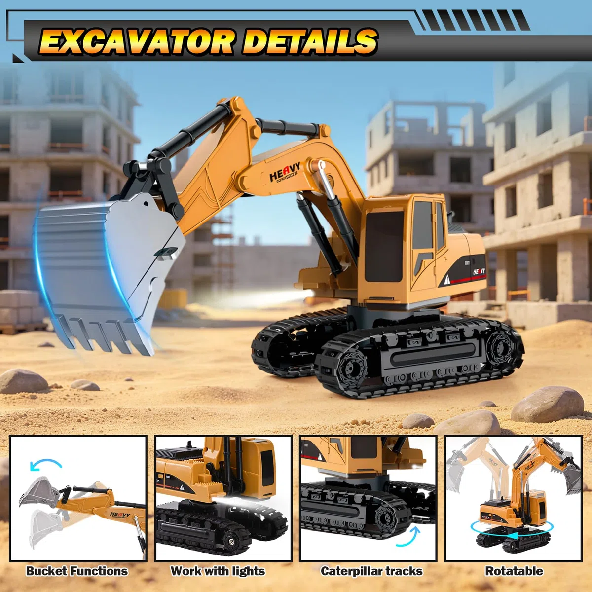 Camion-Benne Télécommandé,Véhicule de Construction RC avec Pelleteuse TélécommandéJouet Construction avec Lumières et Sons,Cadeau de Noël et d'anniversaire pour Garçon de 3 4 5 6 7 8 Ans (A)