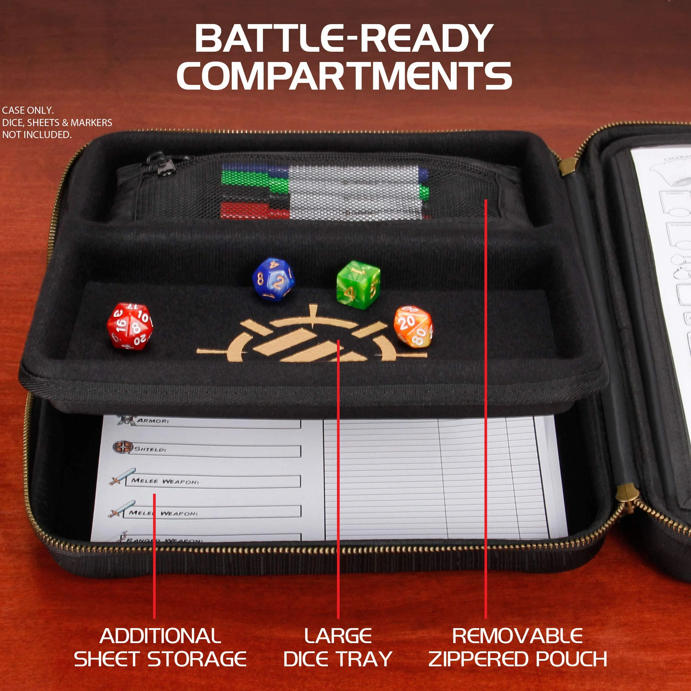 ENHANCE Étui pour Organisateur RPG - Organisateur DND avec Support De Feuille De Personnage Et Panneau Effaçable, Zone De Roulement De Dés, Stockage de Mini-Figurines