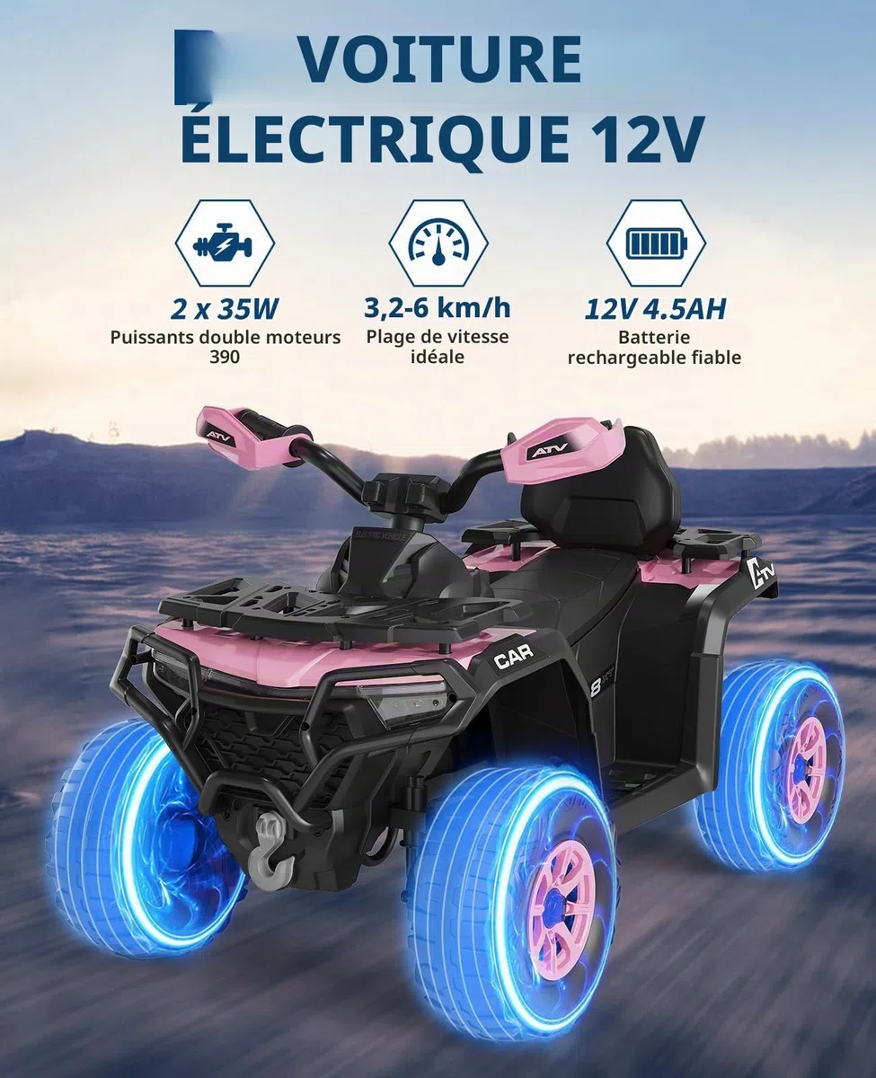 Quad Électrique Enfant 12V avec Musique et Phares, Voiture Électrique à Double Moteur avec USB et Bluetooth, Vitesse 3-5 km/h, Véhicule Tout-Terrain à Batterie pour Enfants 3+ Ans, Rose