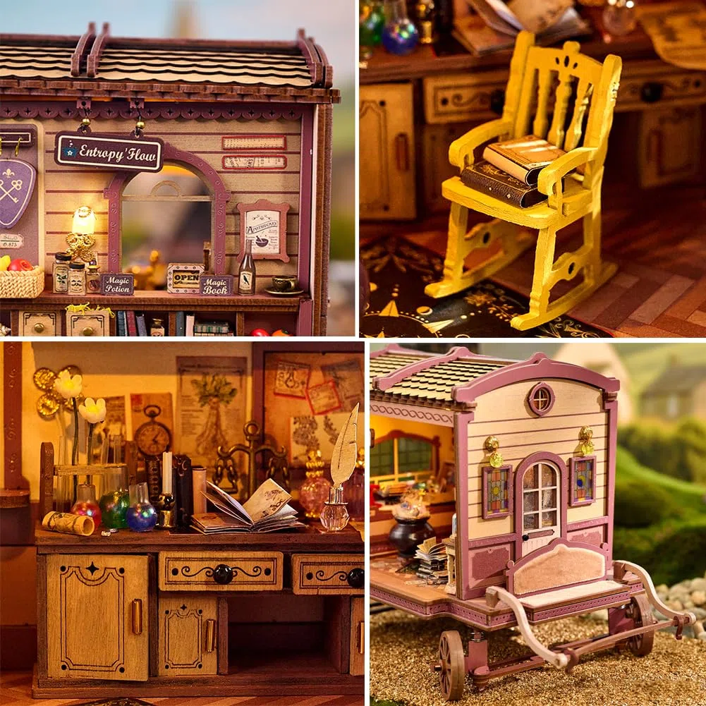 Kit de bricolage pour le coin du livre, puzzle 3D à faire soi-même maison miniature et carrosse mobile, puzzles éducatifs en bois pour adultes