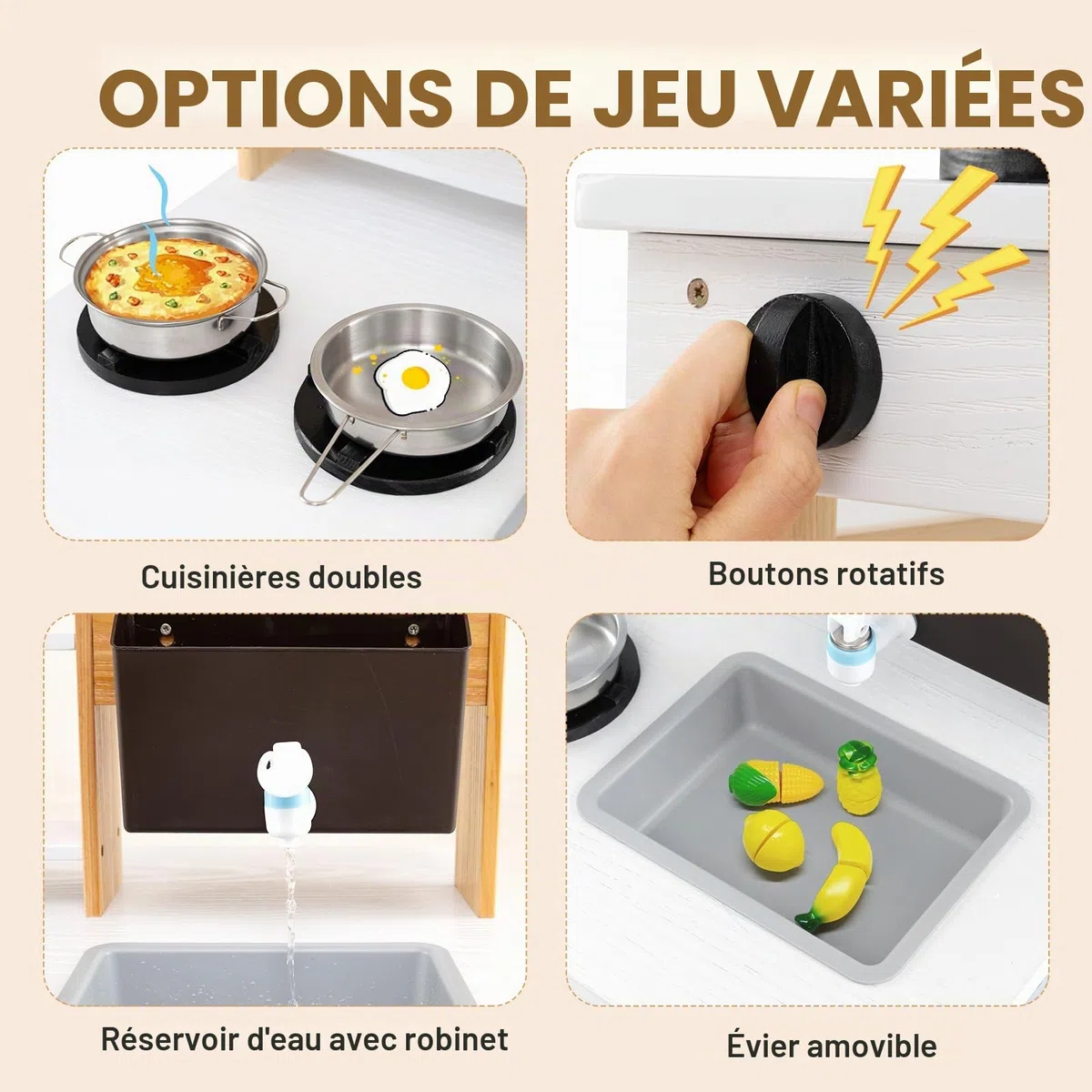 HOMASIS 2 en 1 Cuisine en Bois Double Face pour Enfants, Jouet d'Imitation pour Enfant avec Auvent, Evier Amovible, Réservoir d’Eau et Robinet, Ensemble de Cuisine d'Extérieur de Sapin, Naturel