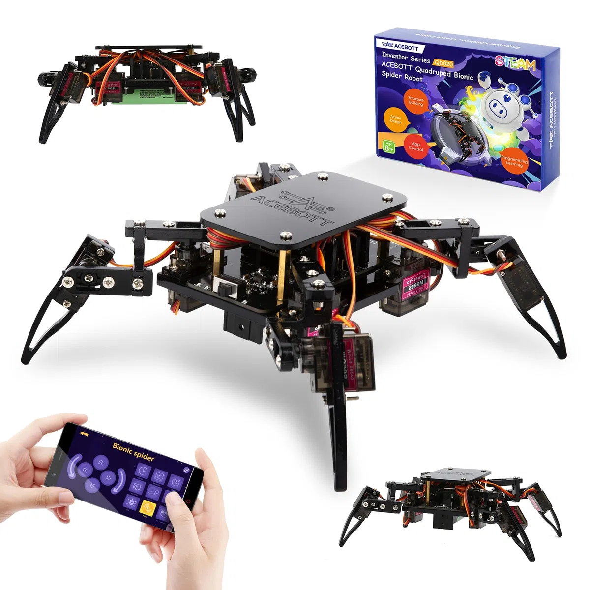 ACEBOTT Quadruped Bionic Spider Robot, Kit d'apprentissage STEM QD020, Noir, Contrôle par Application, Robot Programmable pour Enfants 8+ Ans, avec Batterie 18650