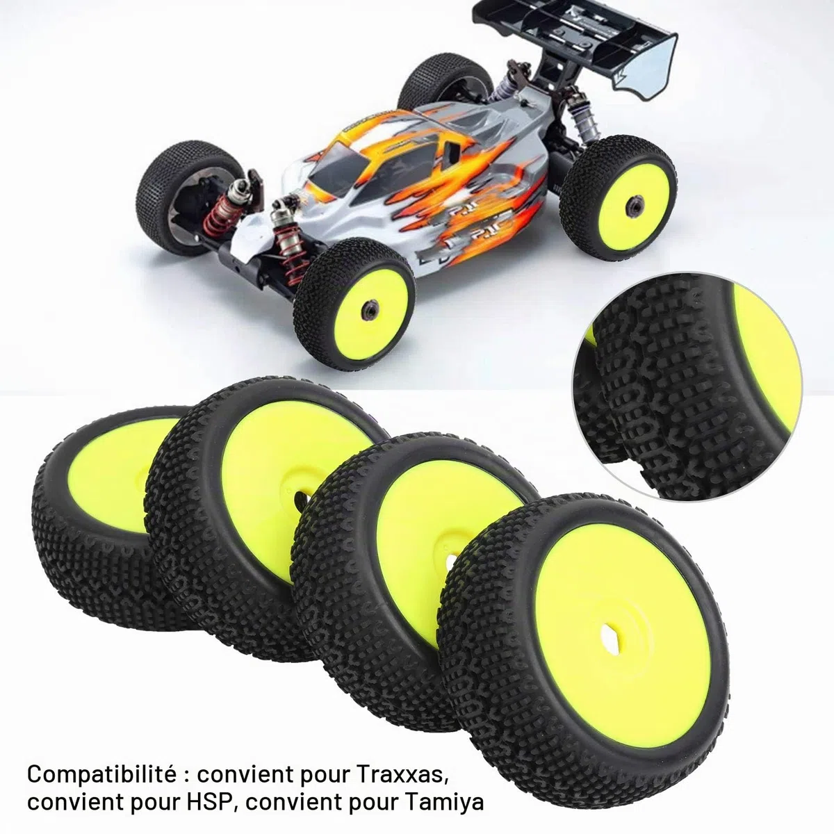 4 pièces pneus de Voiture RC, Cadre de Roue Jaune Bande de roulement en Caoutchouc RC pneus antidérapants 1/8 Accessoire de modèle de Voiture RC