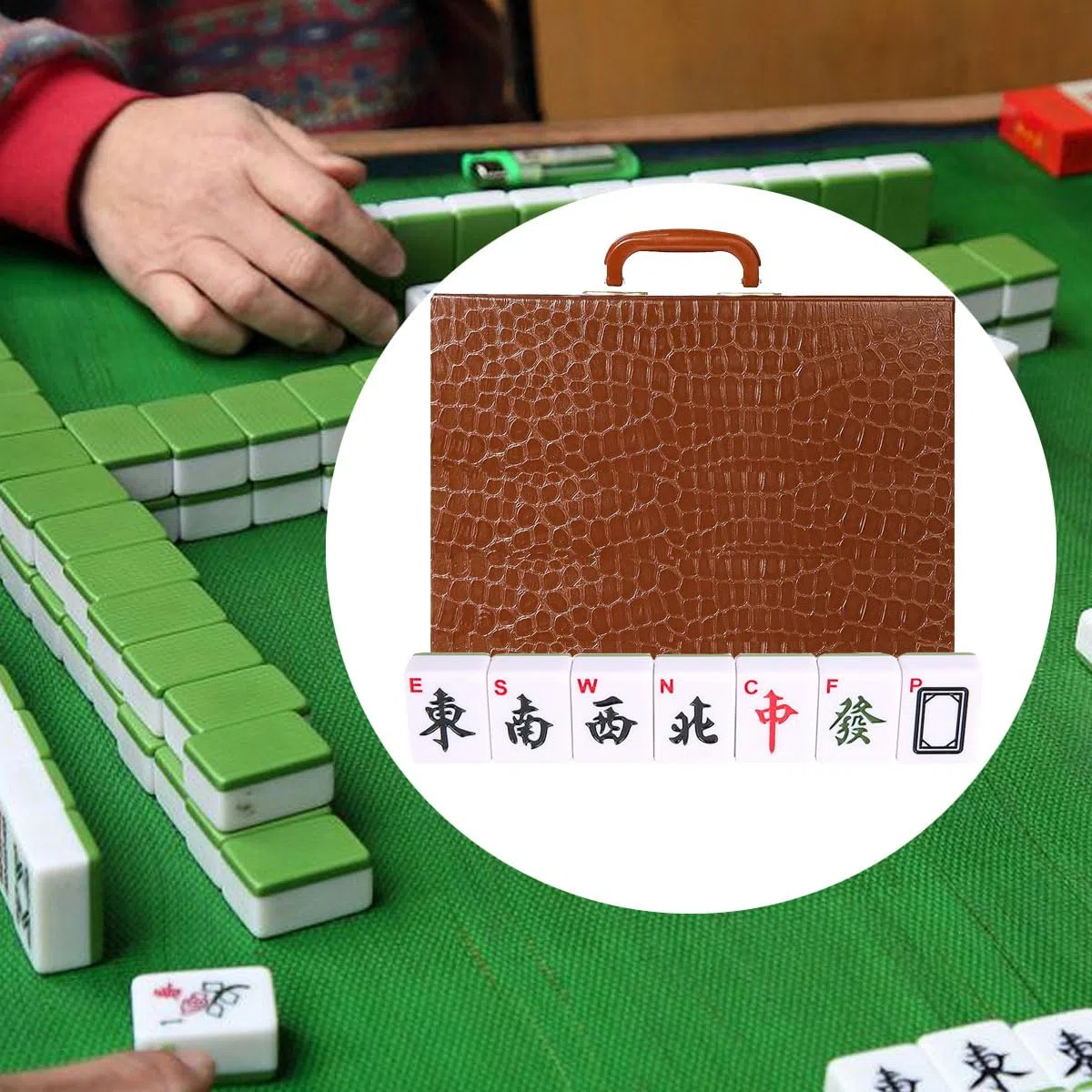 Ensemble de Mahjong Chinois avec étui de Transport, 3,8 cm de Large 144 + 2 Carreaux avec Chiffres Arabes, 2 dés et Un indicateur de Vent