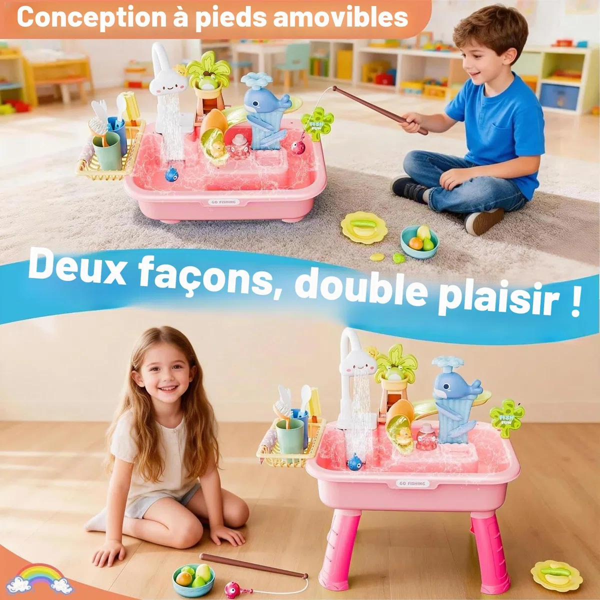 Table De Jeu 4-en-1 Pour En-fants Avec Pompe 54x29x53cm Table D'eau Enfant Exterieur Tables Exterieur Jouet Sur La Plage Arrière Tables D‘Eau Avec Ensemble D'accessoires Pour En-fants De 3 Ans Et Plus