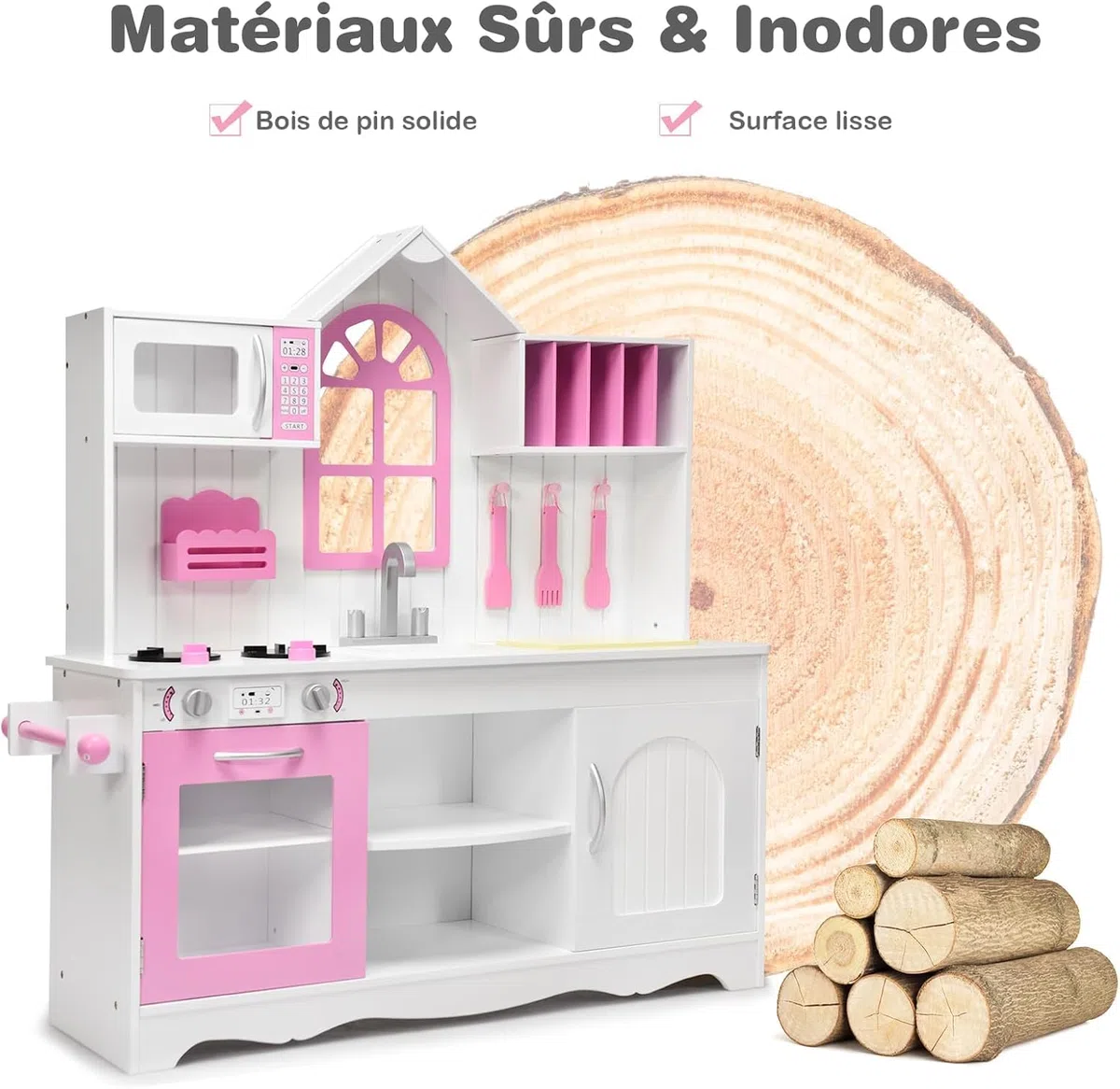 GOPLUS Cuisine en Bois Enfant, Jouet de Cuisine avec Four, Micro-Ondes et Cuisinière à Gaz, Ensemble de Jeu de Cuisine avec Accessoires Riches, Cadeau pour 3+ Ans, 106,5x32x109CM, Blanc et Rose