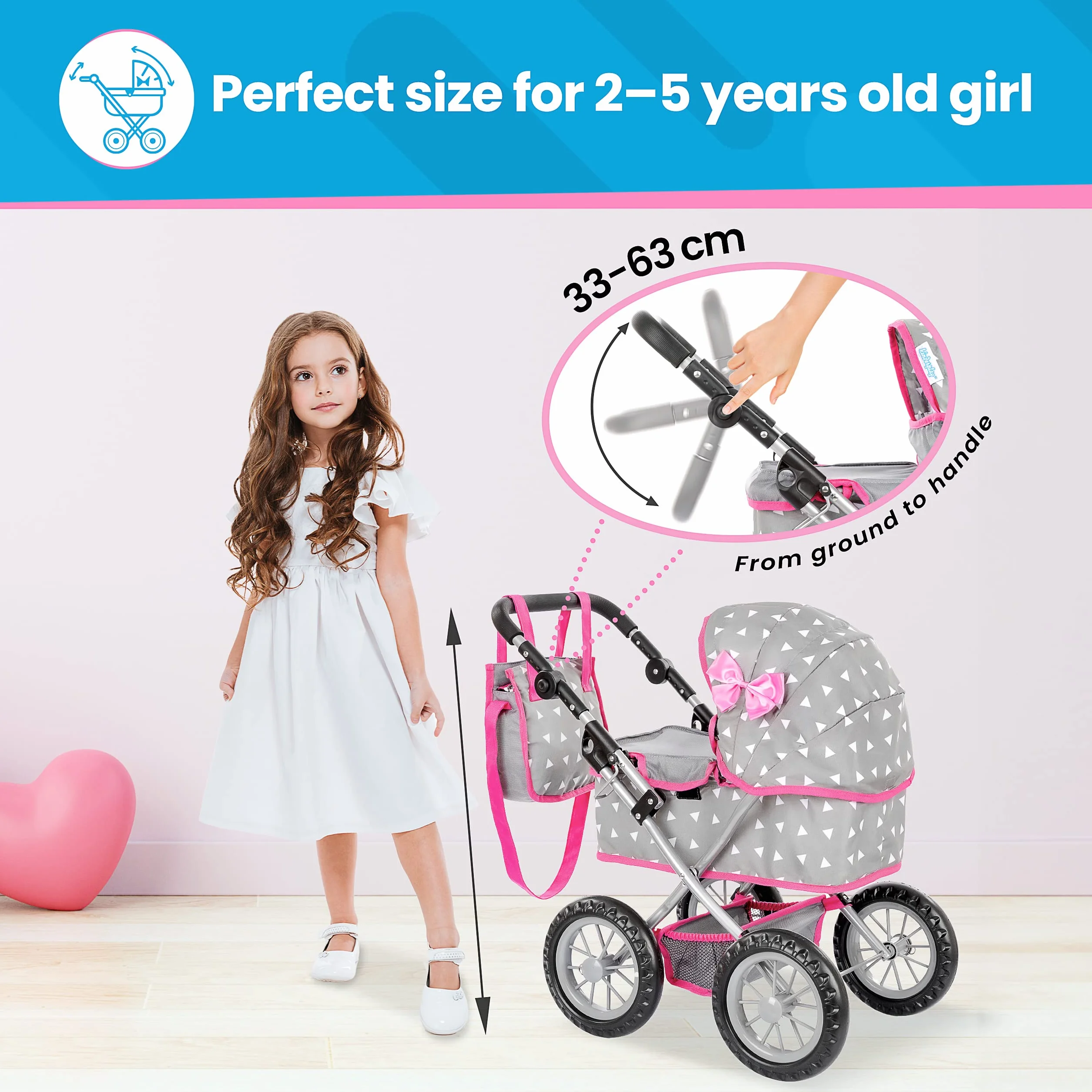 Kinderplay Poussette Poupee, Poussette Jouet - Poussette Landeau Bebe pour Poupée, Gondola, Poignée Hauteur Entre 33 et 63 cm, Ce Landau Est Plus Facile à Pousser pour Les Enfants (KP0261S)