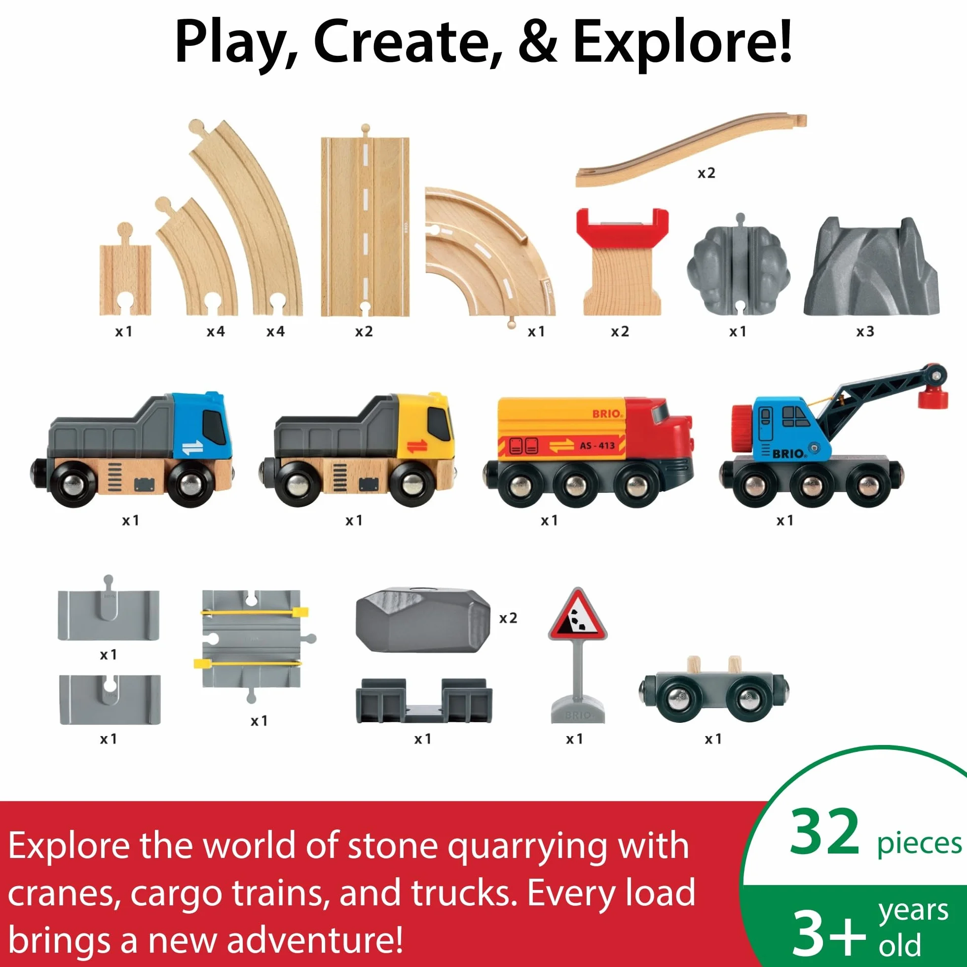 BRIO World - 33210 - Circuit Rail Route Transport de Roches - Coffret complet 32 pièces - Circuit de train en bois sur 2 niveaux - Jouet pour garcons et filles à partir de 3 ans