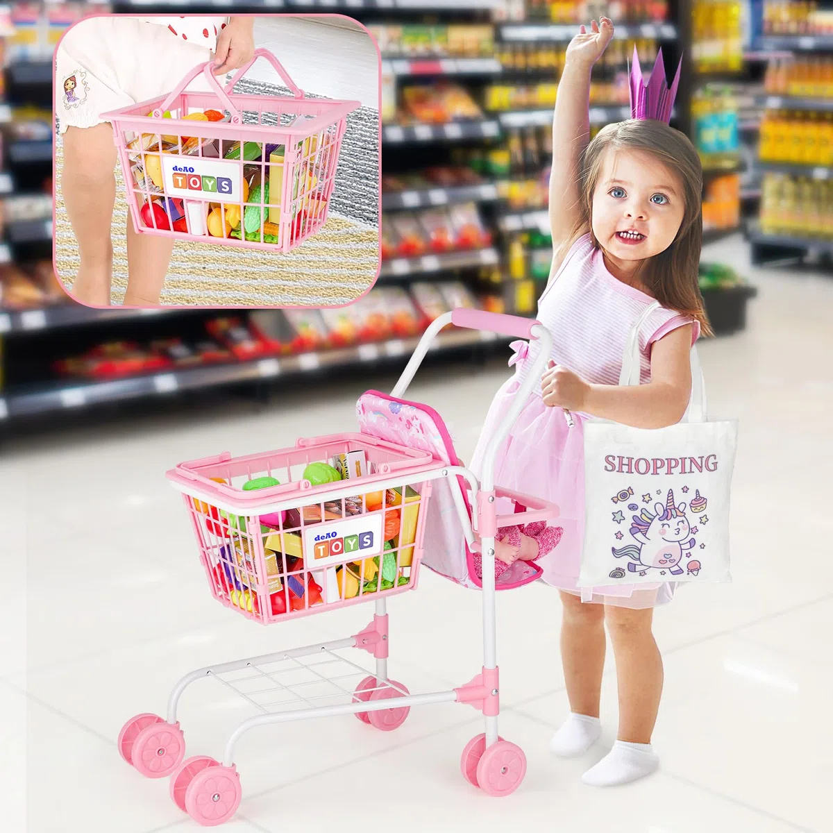 deAO Chariot de Courses pour Enfants 3 Ans+, Caddie Jouet avec Siège pour Poupée, 31 Aliments Jouets Billets Argent, Sac à Provisions, Jeu de Rôle Magasin, Cadeau Enfant Rose