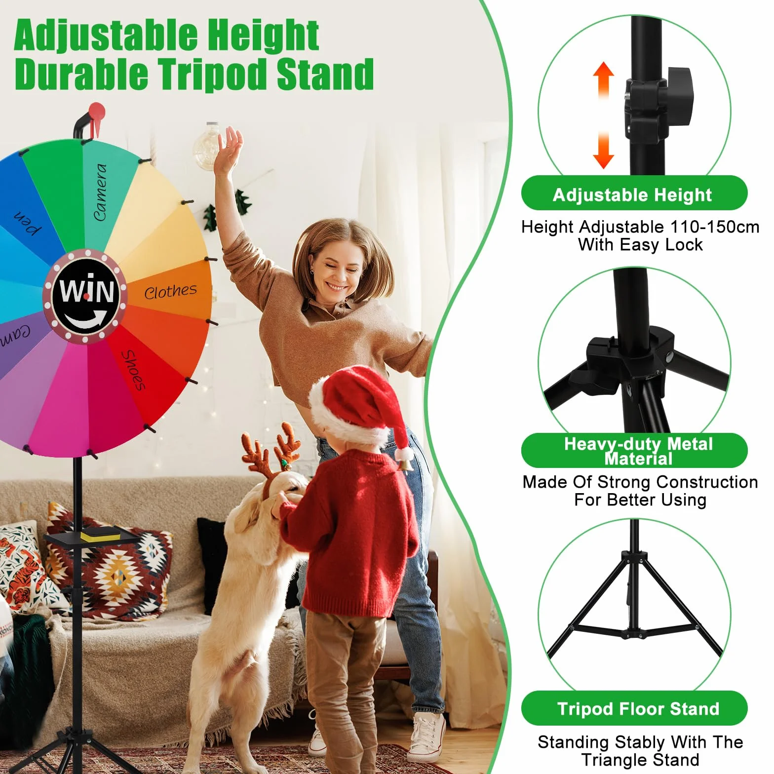 Roue porte-bonheur de 60 cm à tourner, 14 emplacements, jouet avec marqueur effaçable à sec et gomme, roulette pour fête, loterie, foire et promotion des ventes