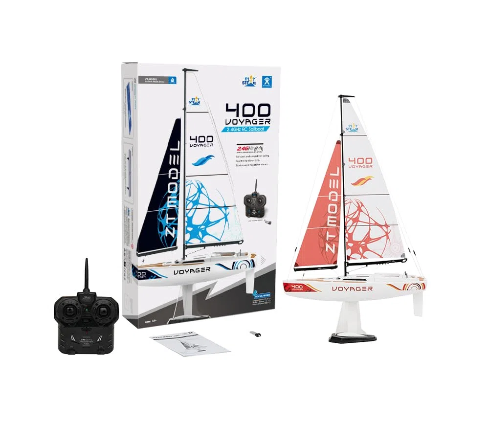 PLAYSTEM Voyager 400 – Voilier RC à énergie éolienne, Rouge – 66 cm