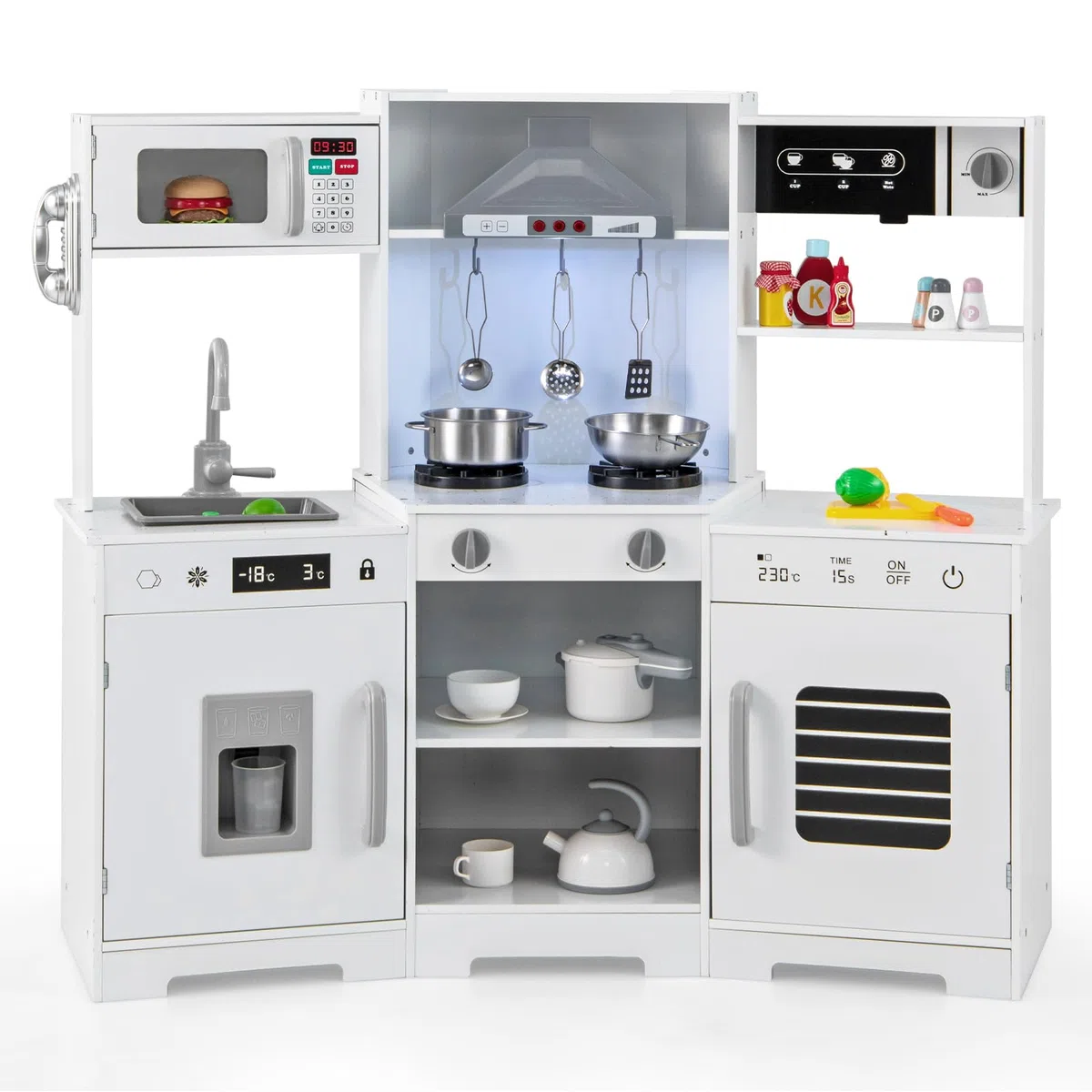 DREAMADE Cuisine d'angle pour Enfants 3+ Ans, Cuisine en Bois avec Sons & Lumières, Téléphone, Micro-Ondes, Cafetière, Machine à Glaçons & Four, Cuisine de Jeu en Bois avec Accessoires (Blanc)
