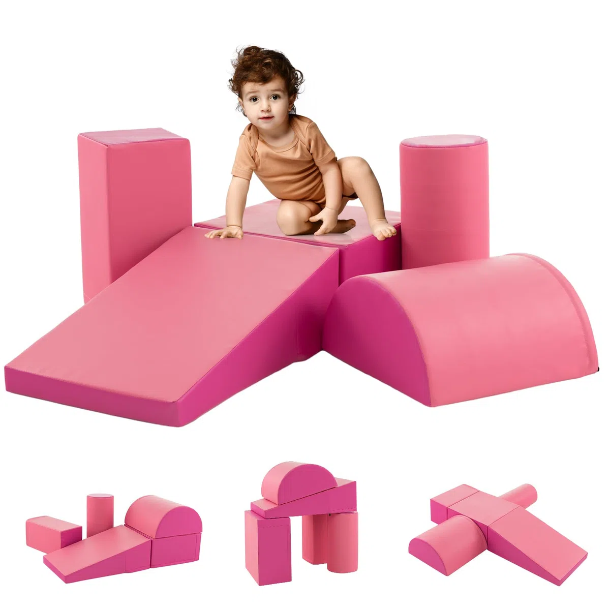 DREAMADE 5PCS Module de Motricité, Parcours Motricité Bébé en PU à Base d'eau & EPE, Jeut d'Éducation pour Enfants d'Âge Préscolaire, Convient à Maternelle, Maison (Rose)