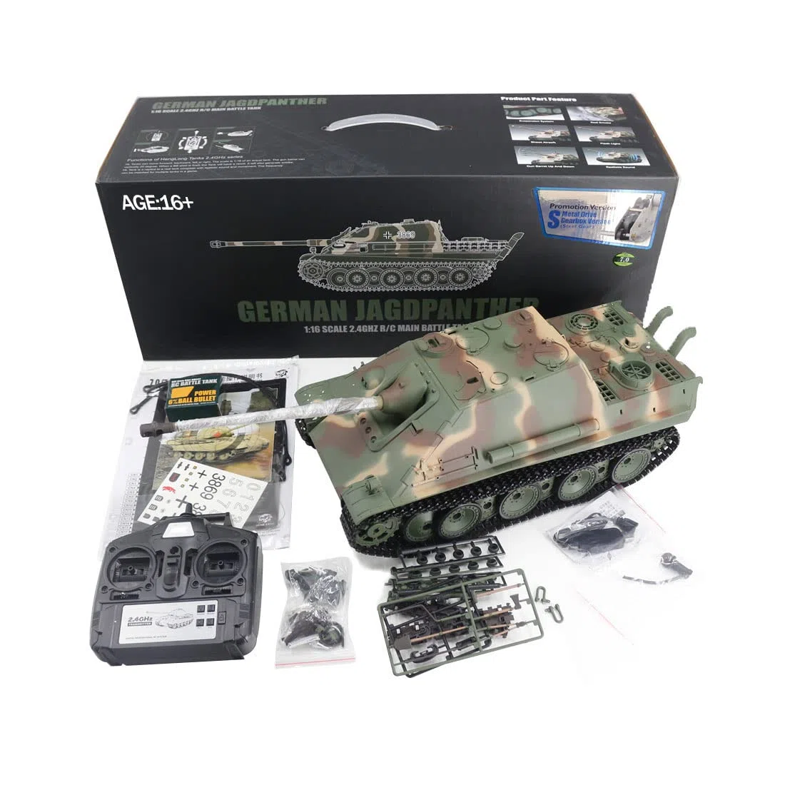 YUTT Réservoirs RC pour adultes, 1/16 2,4 G RC allemand Jagdpanther Tank Destroyer Véhicule Modèle Jouets Cadeaux avec sons lumineux (Version de base/vert camouflage)