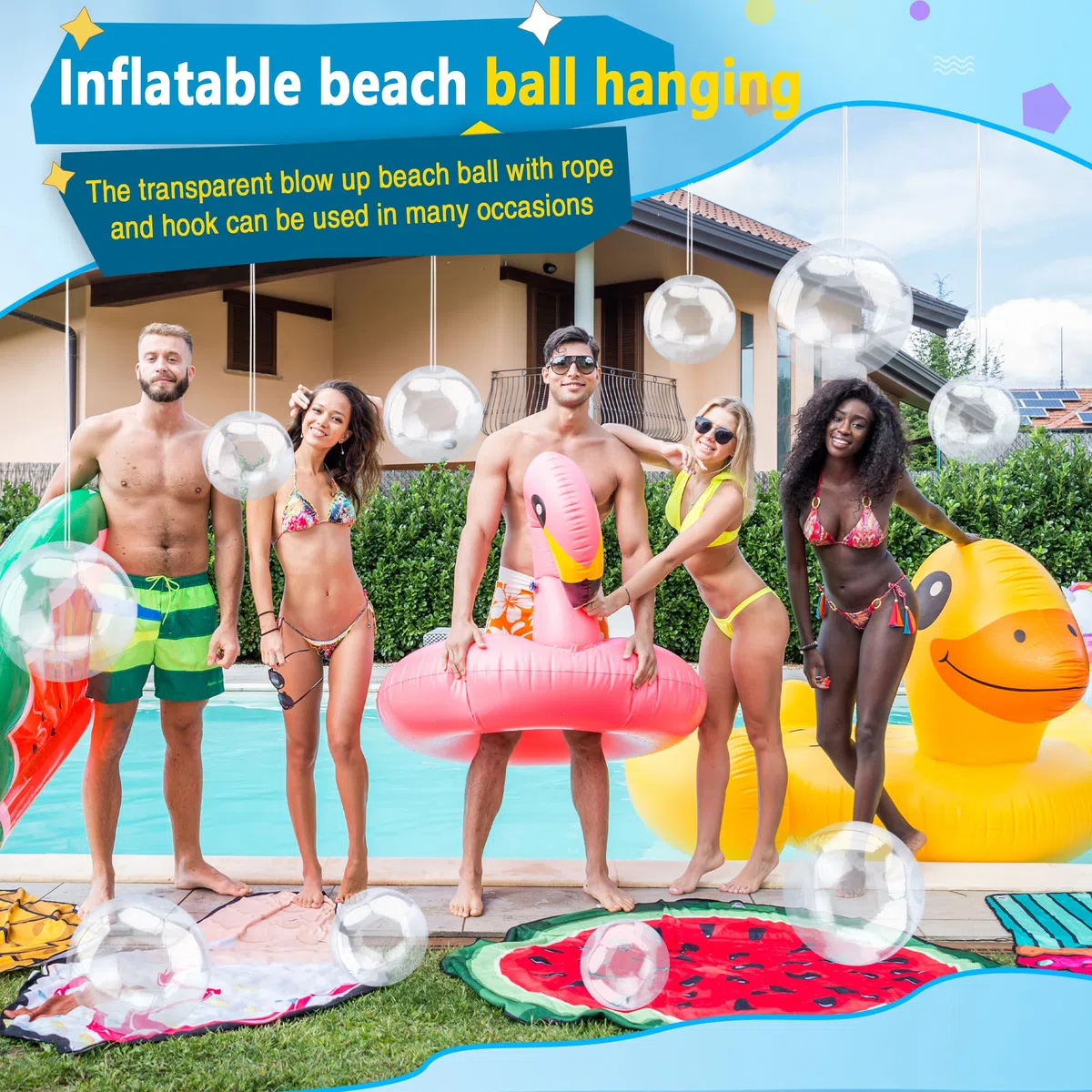 Lot de 30 balles de plage gonflables transparentes de 20,3 cm, 30,5 cm, 40,6 cm avec corde de suspension pour l'été, la piscine, les fêtes