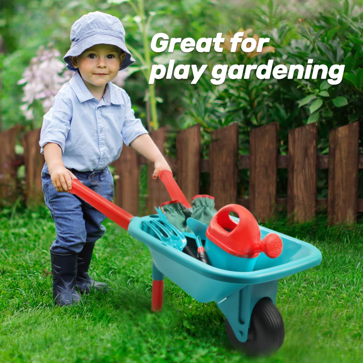 CUTE STONE Brouette Enfants Ensemble d'outils jardinage pour enfants, jouets jardin avec brouette, gants, râteau à main, pelle, double houe, jouets d'intérieur et d'extérieur, cadeau garçons et filles