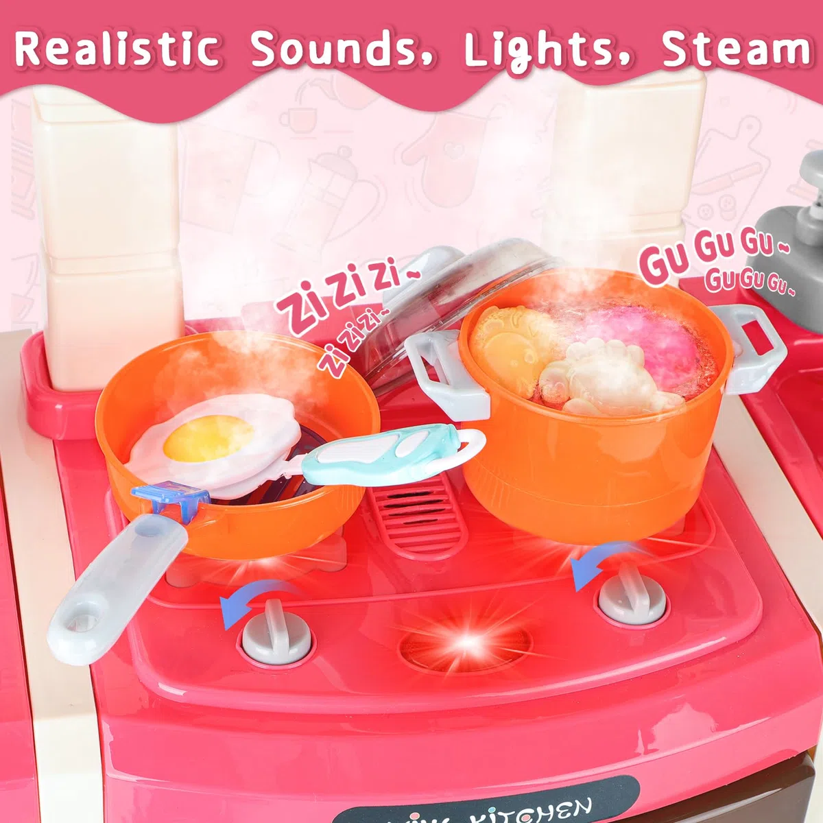 deAO Kit Cuisine pour Enfants,avec Ustensiles De Cuisine,Lumière,Son,Eau,Vapeur D’Eau Imitant La Cuisson,Cuisine Enfant 2 Ans,Taille 78x28x70CM