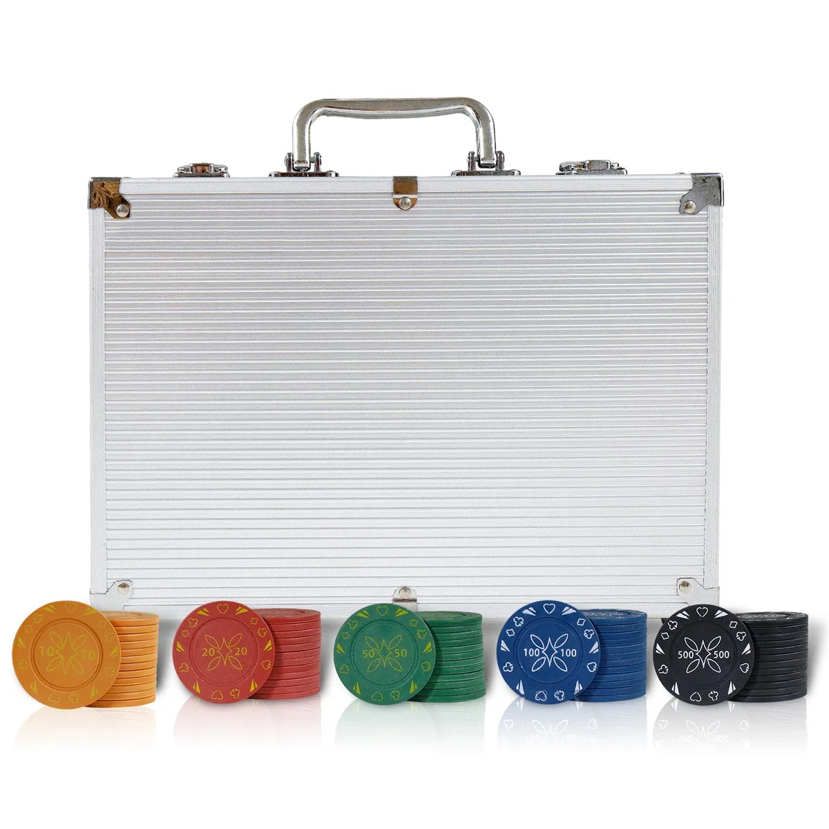 Jeu de Jetons de Poker, 300/500 Jetons de Poker de Casino avec Boîtier en Aluminium, Cartes à Jouer, 5 dés, 3 Dealer