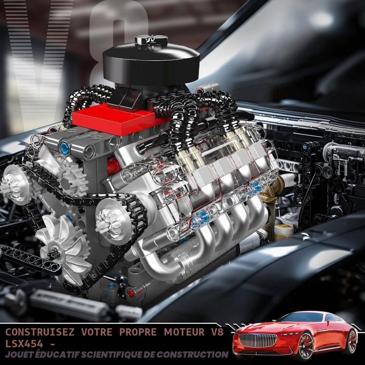 Mould King 10171 Technique Supercar V8 Moteur Blocs de Construction 487 pièces Moteur 8 cylindres Kit de Construction Modèle Jouet Cadeau Objets de Collection pour garçons et Filles