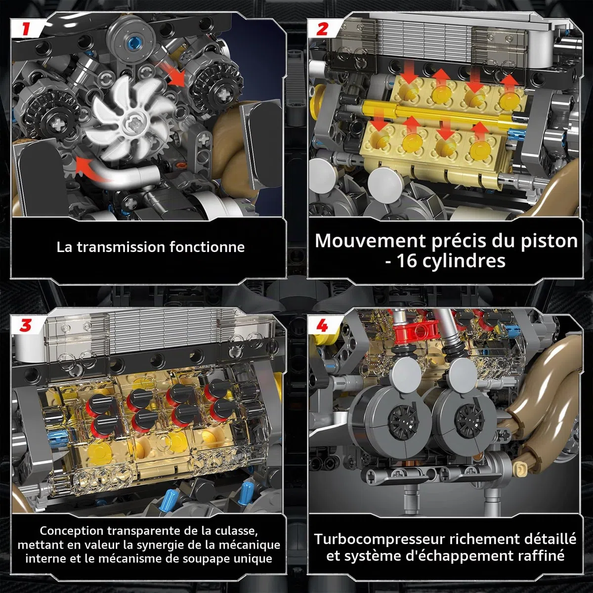 Mould King 10131 Technique W16 Kit de construction de moteur, briques de serrage, modèle de moteur à combustion interne fonctionnel avec batterie, mini moteurs, jouet STEM pour adolescents (952 pièces
