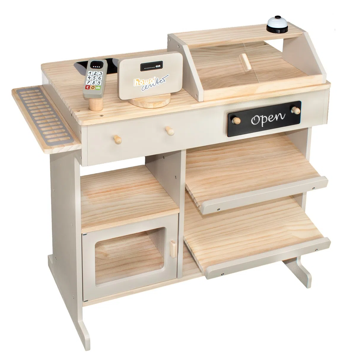 Magasin de Jouets en Bois Howa avec Caisse enregistreuse Jouet 47551 | avec caisse enregistreuse, tableau noir, vitrine, sonnette (naturel/beige)
