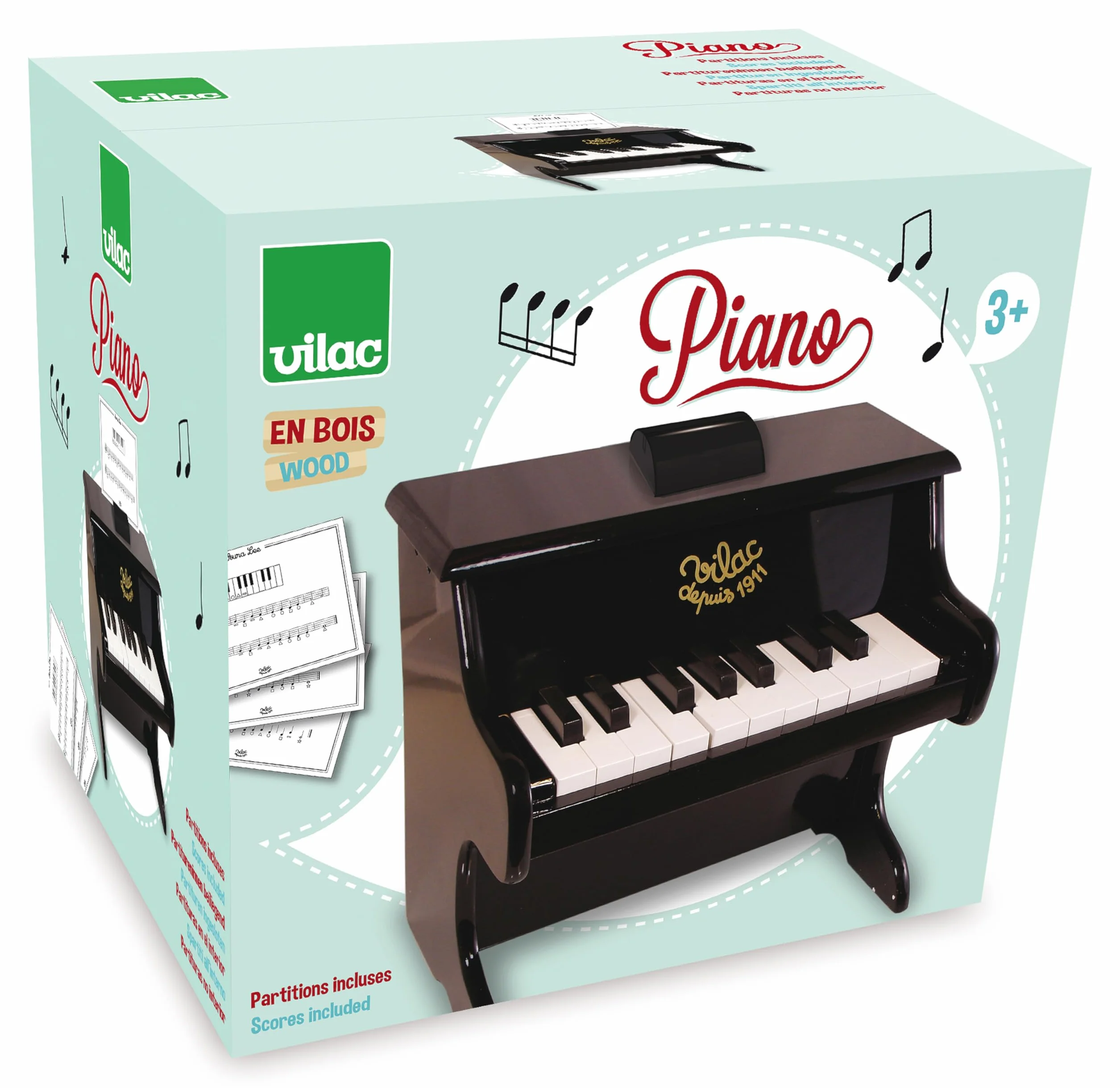 Vilac - jouet en bois - Instruments de musique - Piano Noir Avec Partitions - 8296