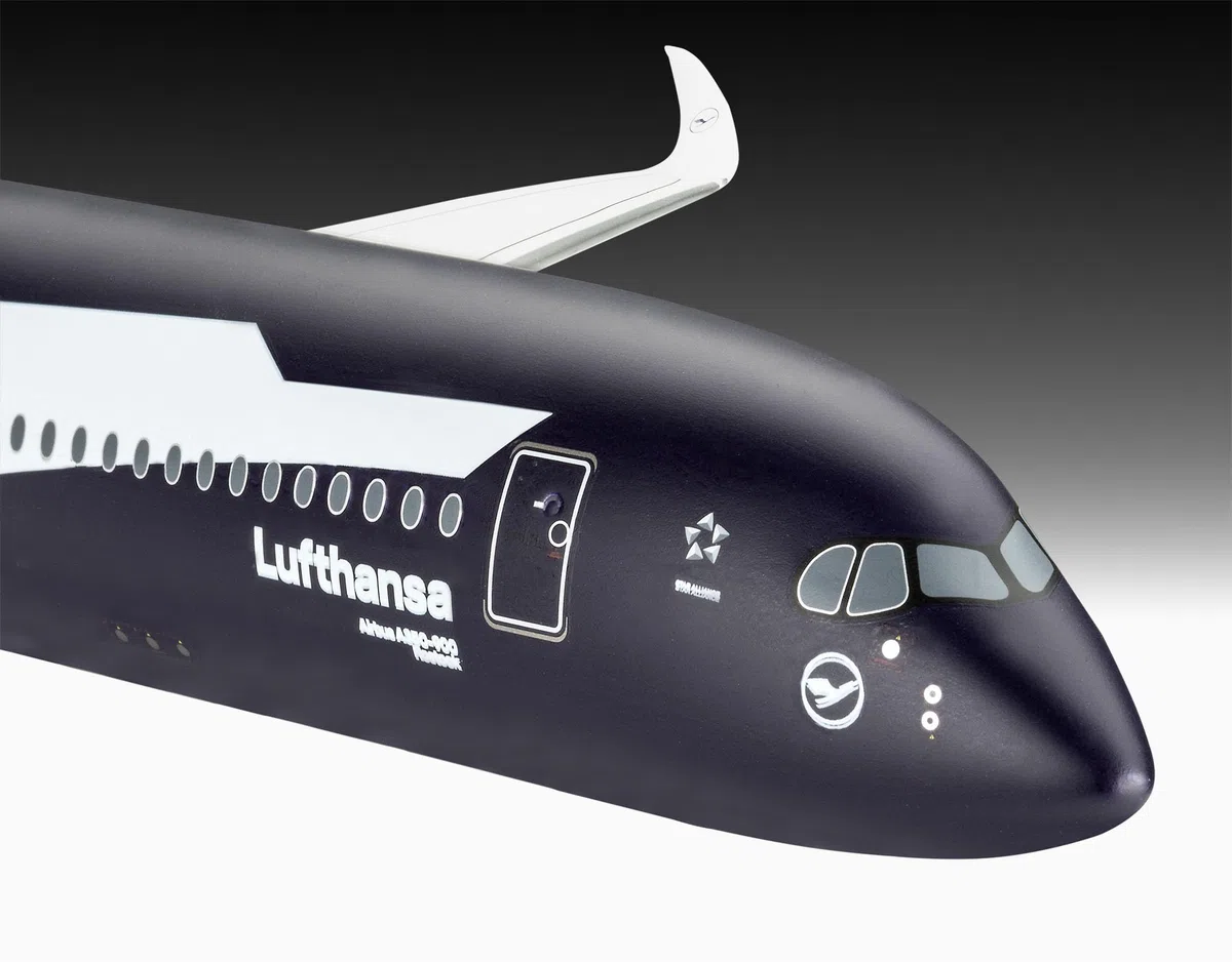 Revell Coffret cadeau 05612 A350-900 - Lufthansa 100 ans, échelle 1/144, kit de maquette en plastique non construit avec accessoires