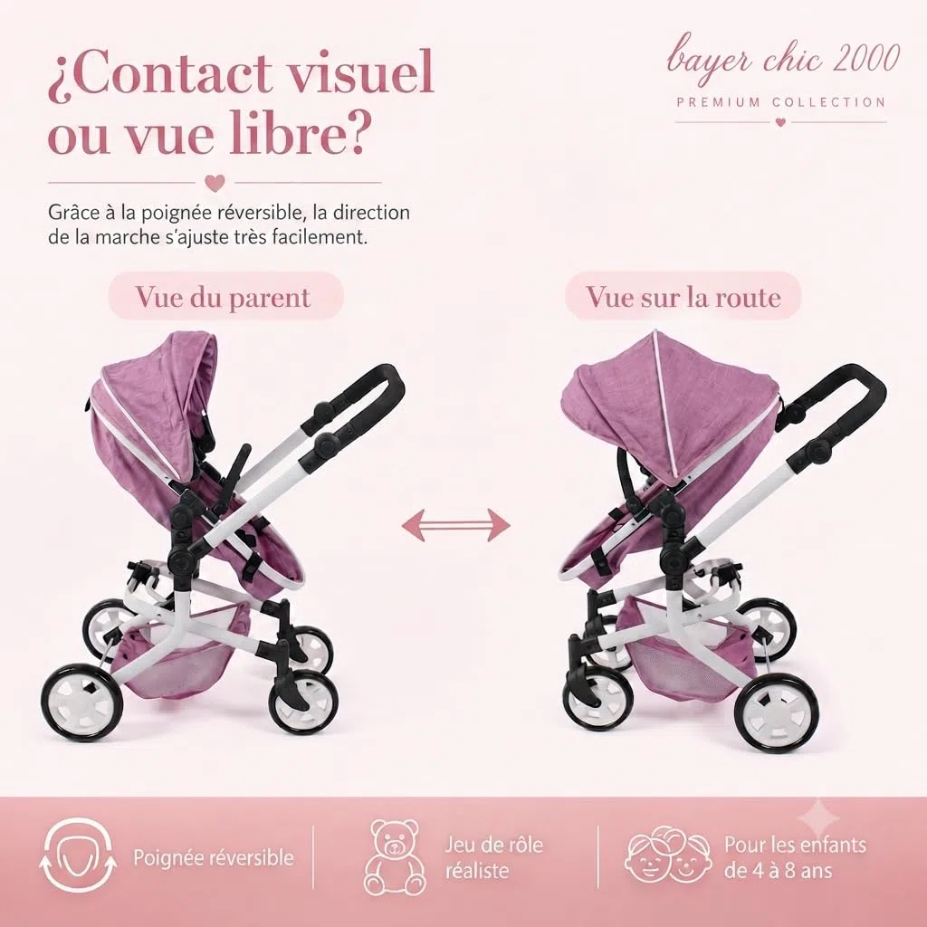 Bayer Chic 2000 Poussette poupée Mika 2 en 1 Pliable et réglable | Poussette poupée 2 en 1 pliable avec poignée réglable (47-80 cm), pour poupées jusqu'à 52 cm.