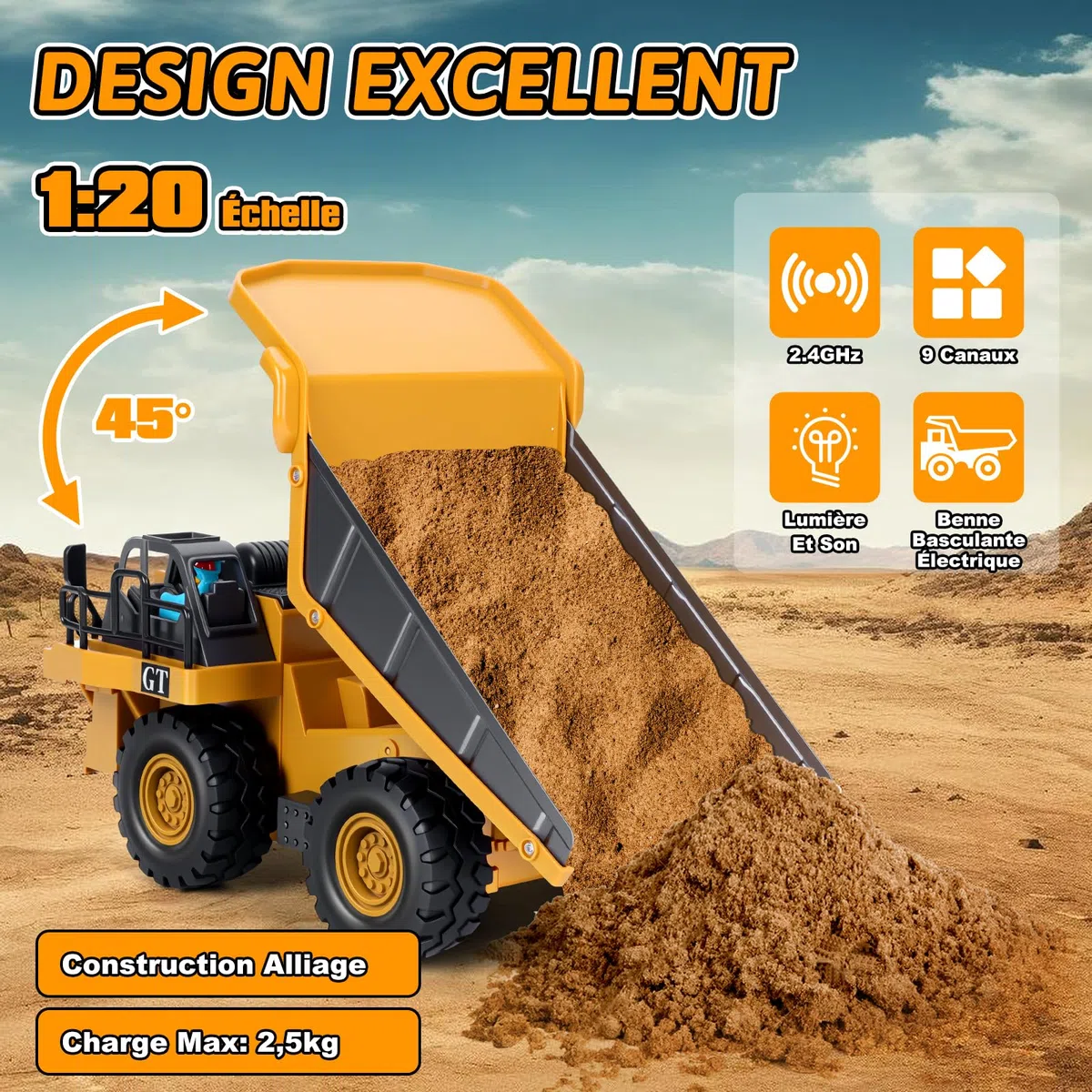 Camion Benne Télécommandé, Véhicule de Construction RC pour Enfants avec Lumière et Musique, 9 Canaux Camion Benne Jouet, Chantier Télécommandée Cadeau pour Garçon de 3 4 5 6 7 8 Ans