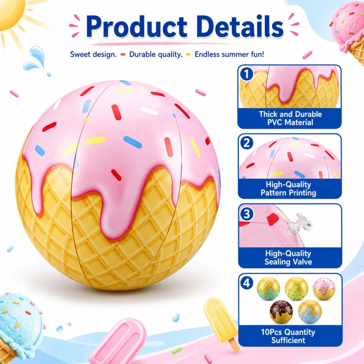 Lot de 10 balles de plage gonflables en vrac sur le thème de la crème glacée, jouets de piscine d'été pour fête d'anniversaire, jeux d'été, activités de piscine, cadeaux de fête