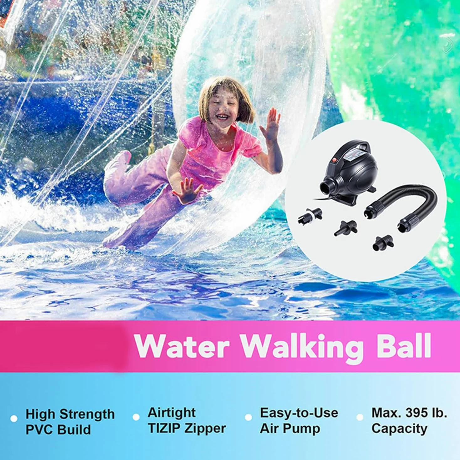 Ballon de marche gonflable avec pompe à air électrique, boule transparente Zorb pour s'amuser en toute sécurité dans la piscine ou le lac