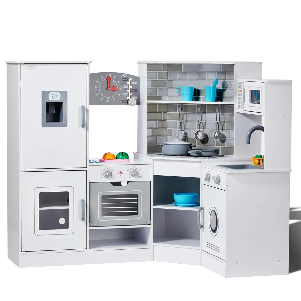 VEVOR Cuisine pour Enfants, Ensemble Cuisine d'angle en Bois, Lumières, Sons, Machine à Glaçons, Four, Évier, Horloge, Micro-Ondes, Réfrigérateur, pour Tout-Petits, Enfants d'Âge Préscolaire, Blanc