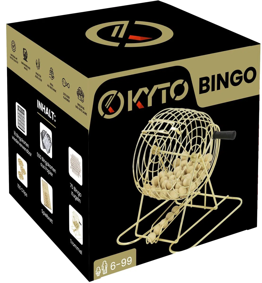 Kyto Grand Jeu de Bingo doré en métal avec 150 jetons, 75 balles de Bingo et Plateau de Jeu en Bois, 18 Cartes de Bingo Stables + 500 Cartes de Bingo en Papier pour Adultes et Enfants