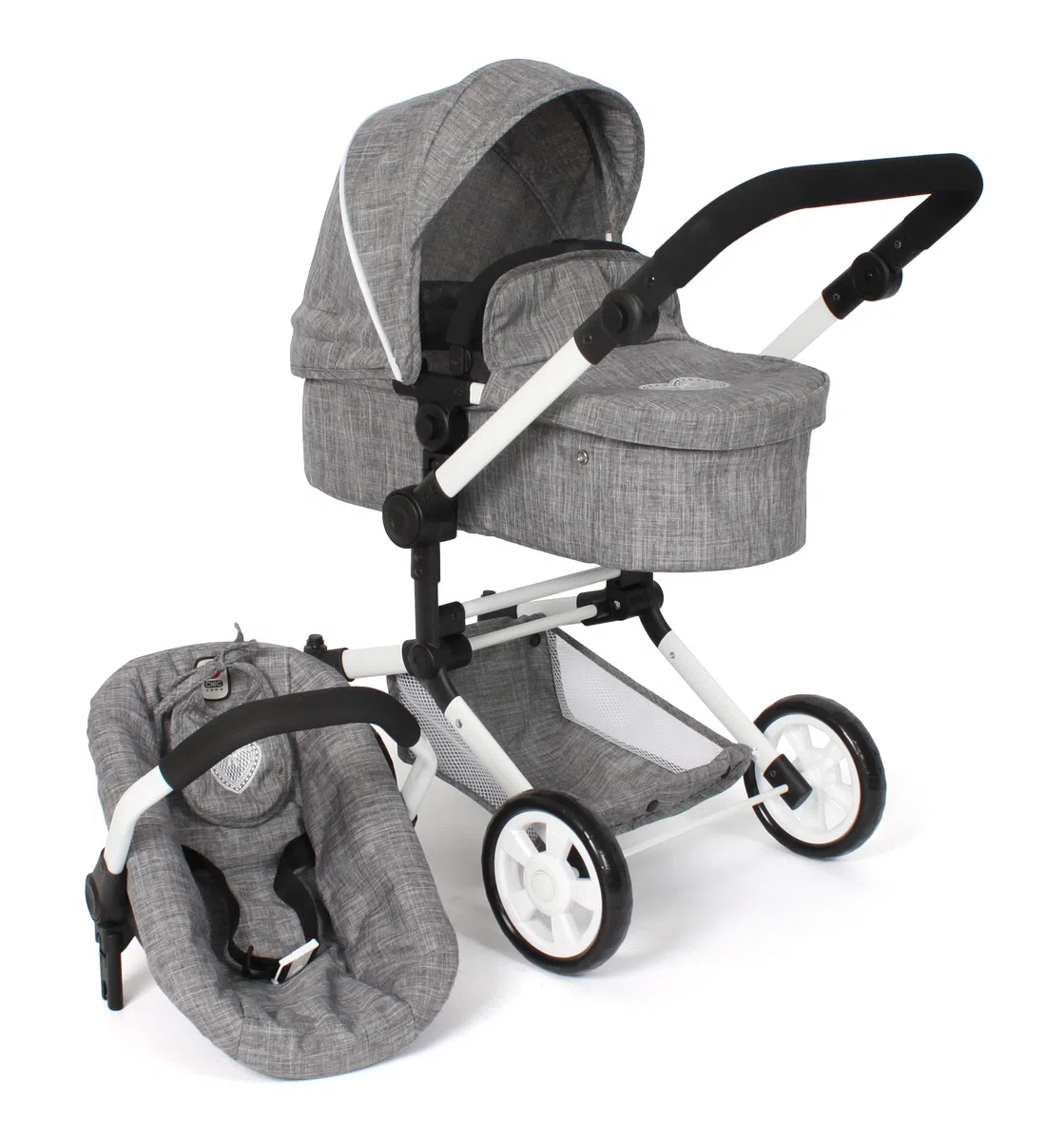 Bayer Chic 2000 Poussette poupée 3 en 1 Linus Pliable réglable | Set 3 en 1 avec nacelle transformable et siège auto, poignée réglable de 47 à 78 cm.
