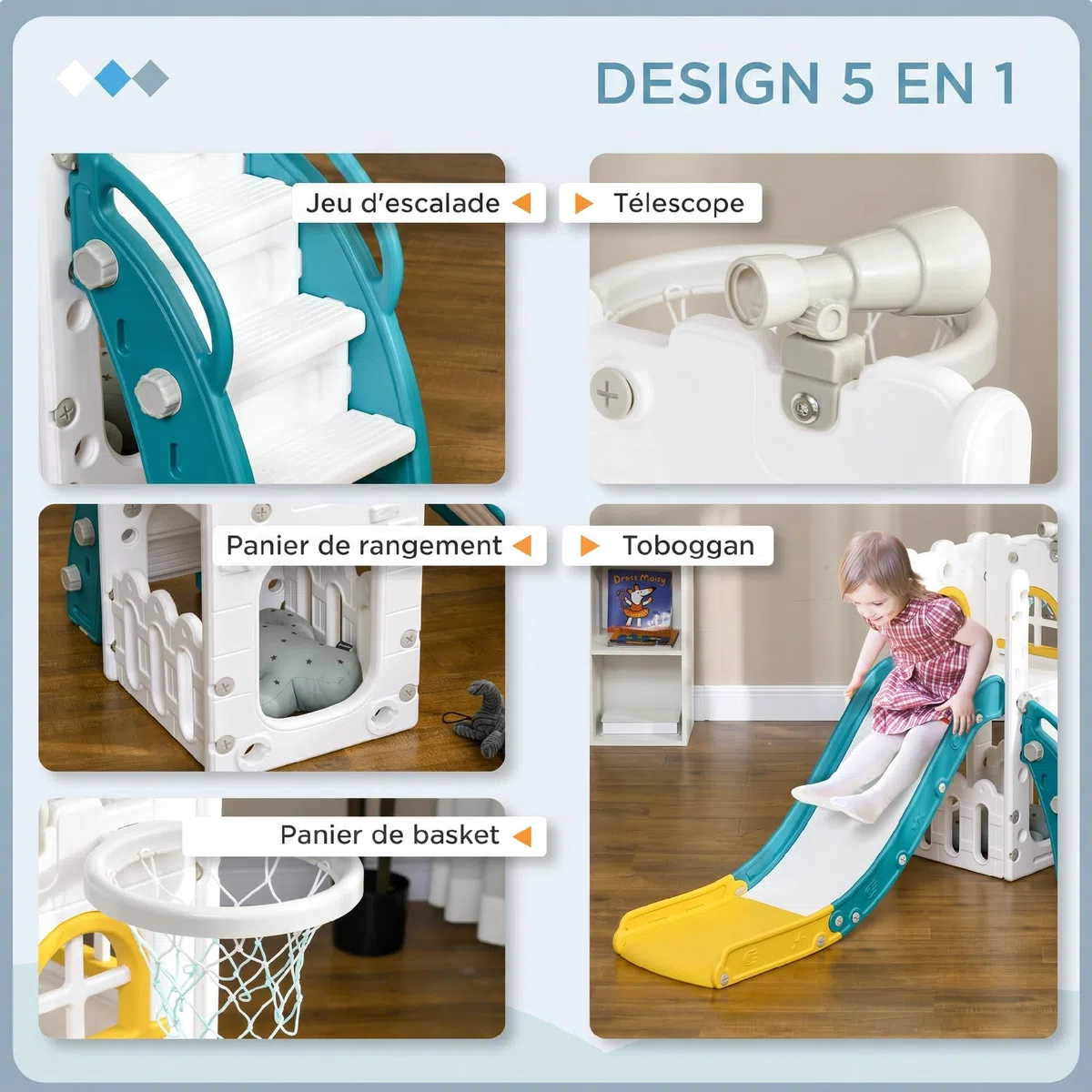 AIYAPLAY Toboggan pour Enfant 5 en 1 avec Panier de Basket Télescope Jaune | Espace de Rangement, Ballon, Escalade Antidérapante, Aire de Jeux Intérieur et Extérieur, pour Garçons et Filles 1-3 Ans