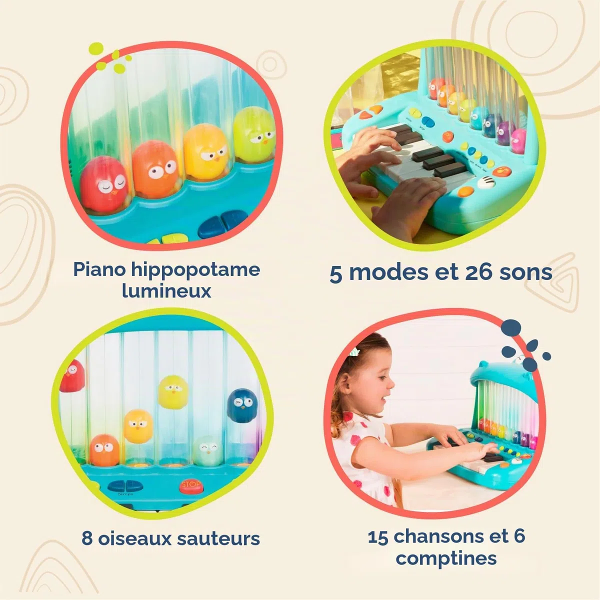 B. toys Hippo Pop Clavier Jouet Lumineux Piano à Oiseaux bondissants | Piano jouet avec 8 touches, 15 chansons, 6 comptines, 26 sons, 5 modes musicaux et réglage du tempo, Lot de 1, 1 ans et +