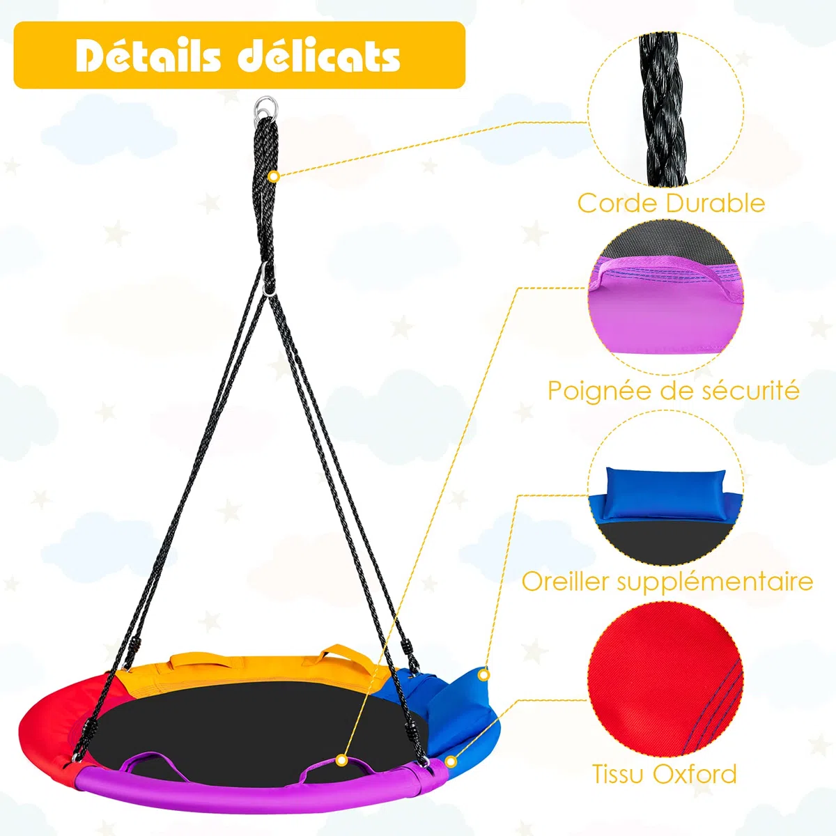 COSTWAY Balançoire Nid d'Oiseau Ø100 CM, Charge Max 150 KG, Balançoire Ronde pour Enfants et Adultes, Hauteur Réglable 100-180 CM, pour Jardin, Aire de Jeux (Coloré)