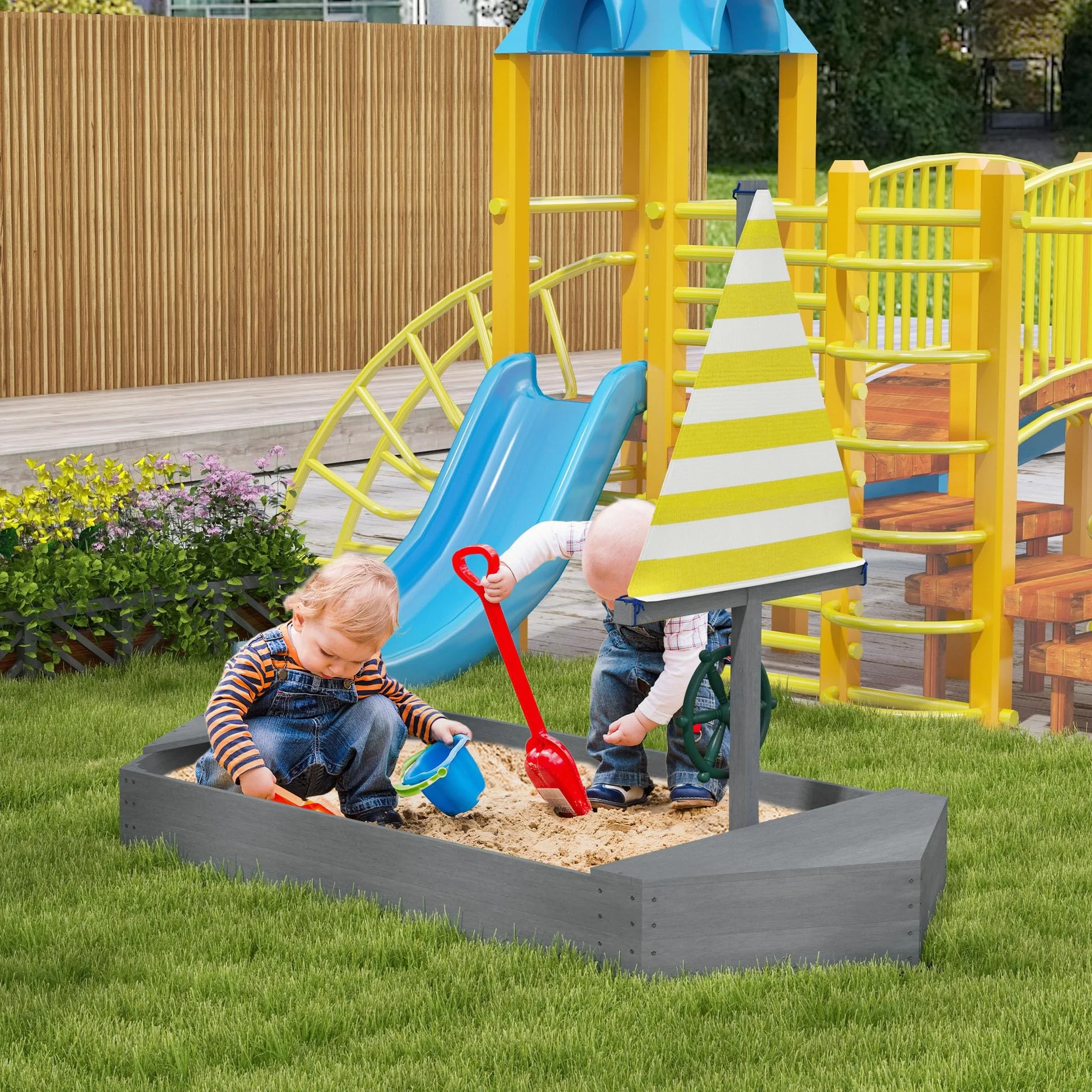 Outsunny Bac à Sable Enfant extérieur en Bois avec sièges, gouvernail | Drapeau, de 3 à 8 ans, capacité de sable 330 kg, gris foncé