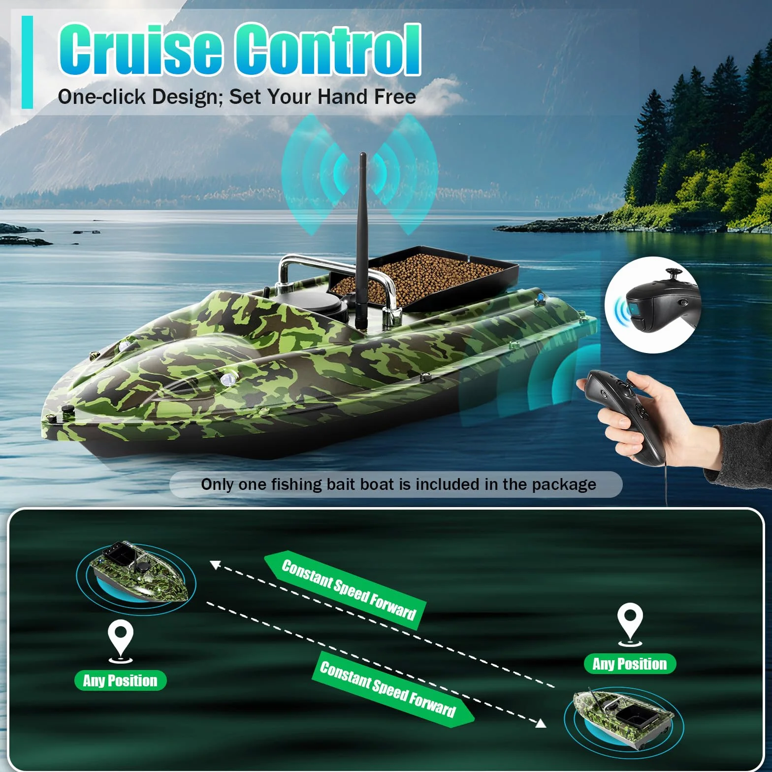 Bateau Amorceur,Bateau Amorceur 500M Bateau Leurre Pêche Auto Cruise Bateau Camouflage Batteries Grande Capacité Bateau Amorceur pour Rivière et Mer