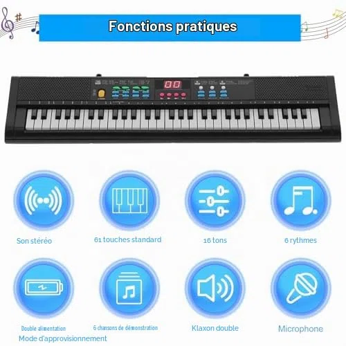 Piano Électronique 61 Touches pour Enfants - Clavier Musical avec Microphone Karaoké, Haut-Parleurs, USB et Effets Sonores - Instrument Idéal Débutants (Noir)