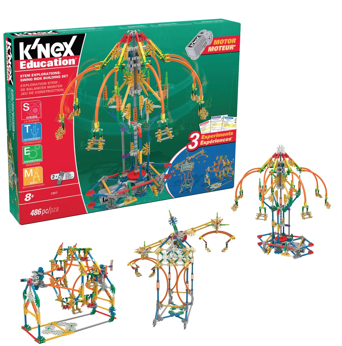 Kit de construction Swing Ride, K'NEX Education, Basic Fun, 77077, jouets éducatifs pour enfants, kit d'apprentissage STEM de 486 pièces, jouets de construction pour garçons et filles à partir de 8+
