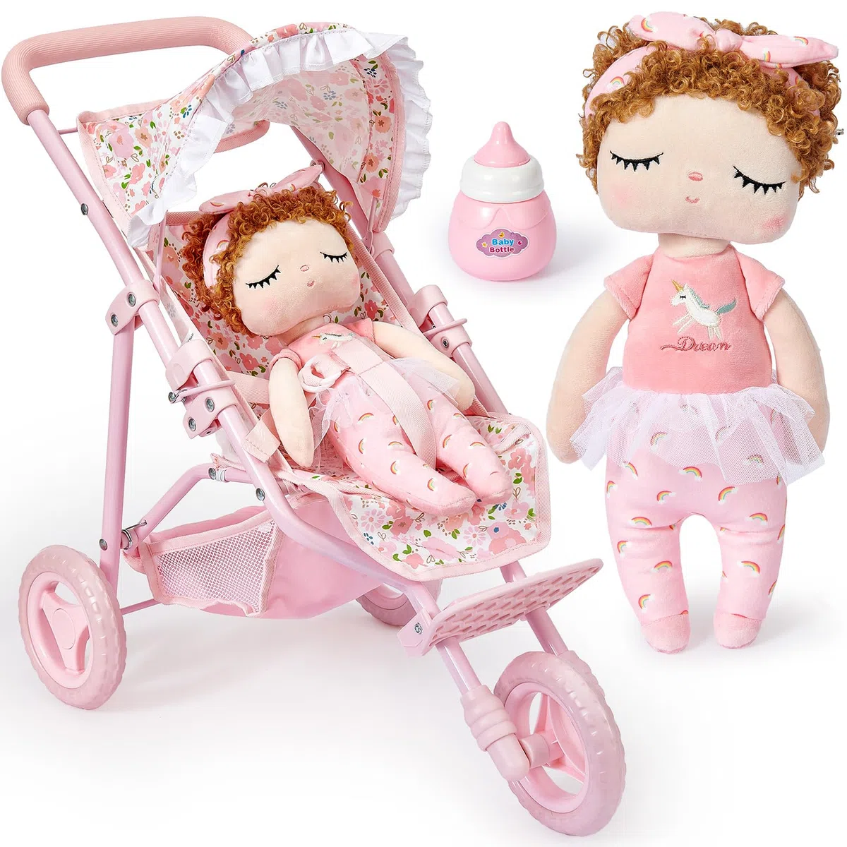 G.C Poussette Bebe Jouet Fille 3 4 5 6 Ans, Poupée Chiffon avec 55 cm Poussette Poupee Réglable Pliable Pare-Soleil Sac de Rangement, Poussette Poupon Jeu de Role Jouet Cadeau Noël Enfant Fille