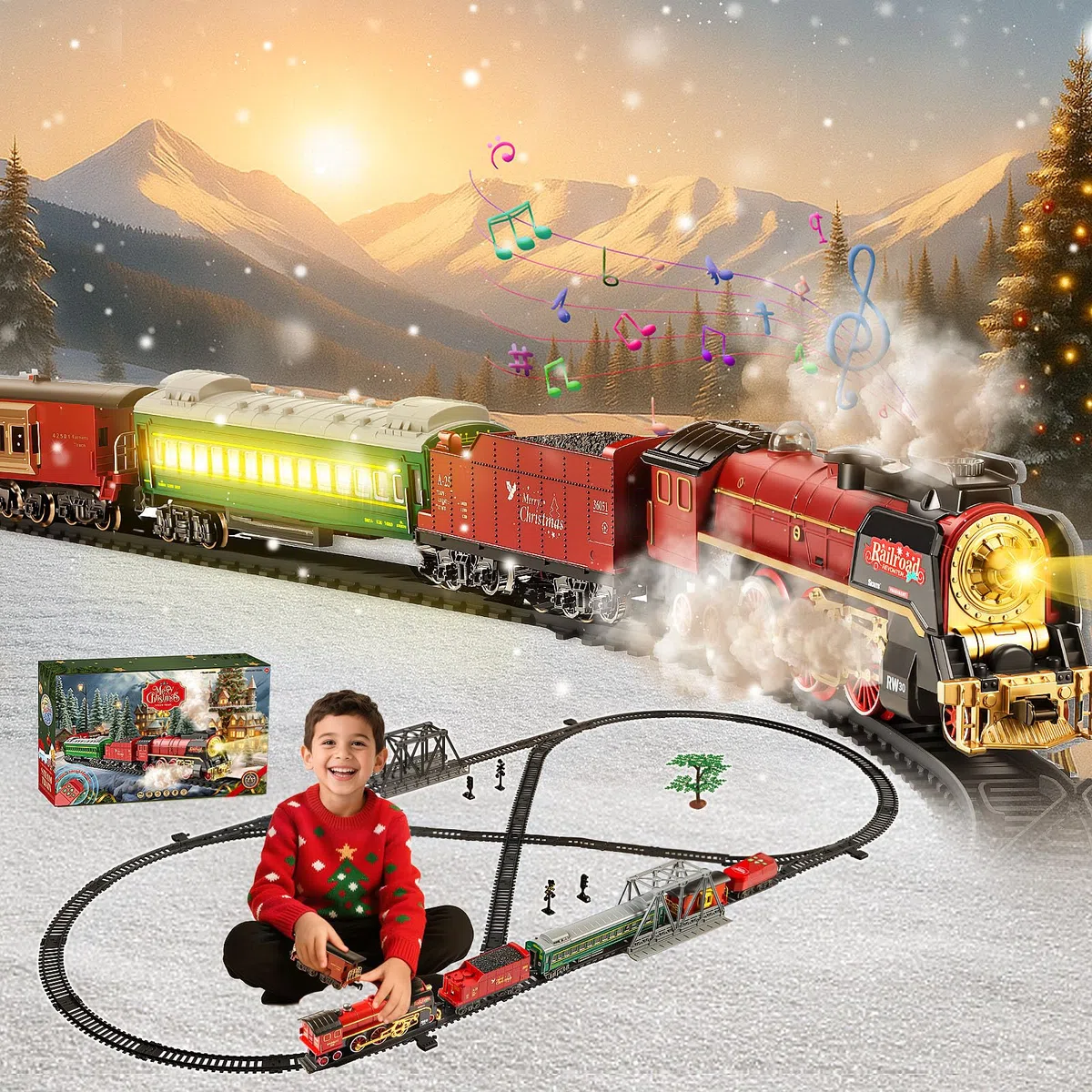 JONRRYIN Train Electrique Noel Enfant, Jeux de Train Télécommande, Locomotive a Vapeur Jouet Son et Lumiere, Circuit Train Vapeur Electrique À 3 Voies, Cadeaux de Noël Anniversaire Enfants (Rouge)
