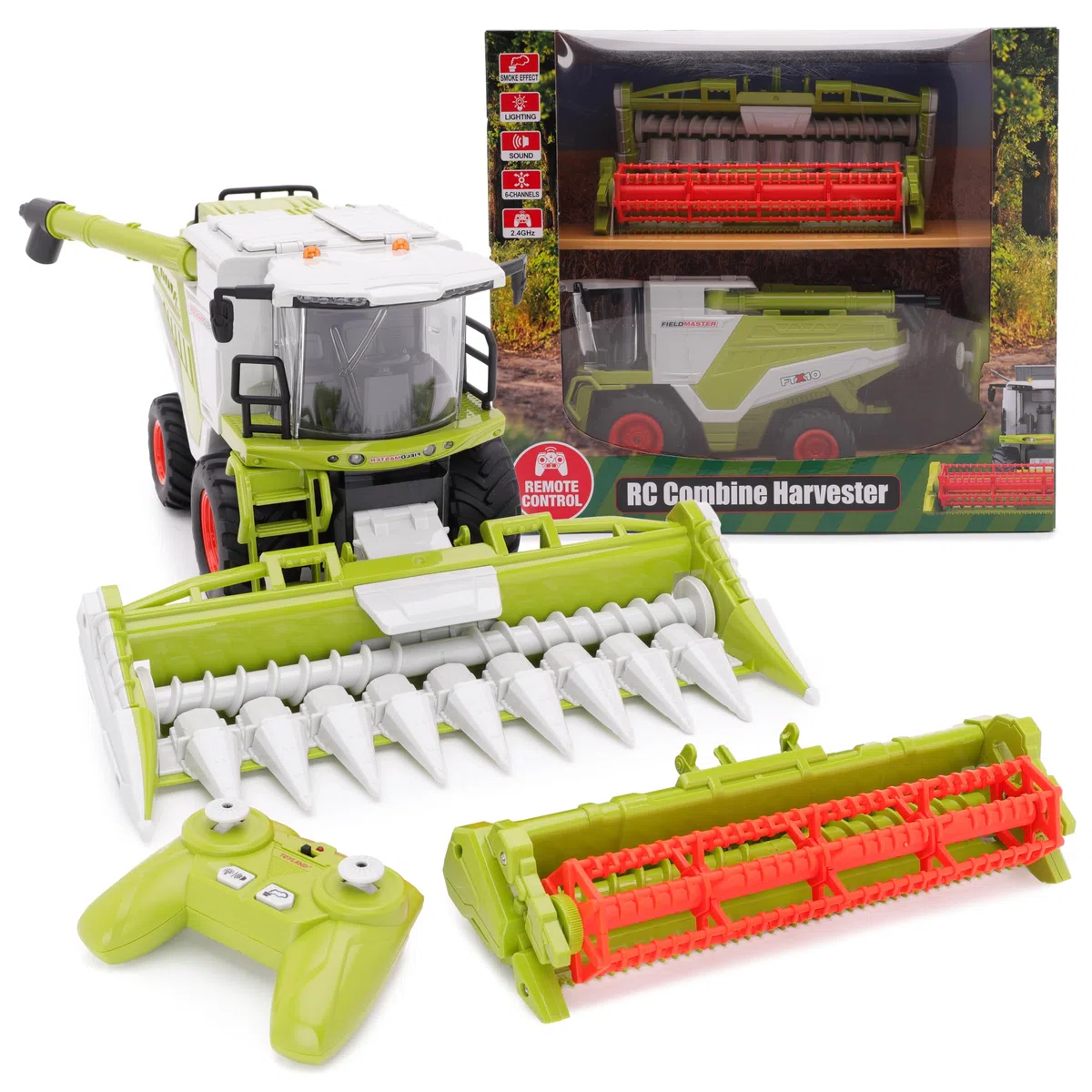 Toyland® 31 cm (12") Moissonneuse-batteuse télécommandée avec lumières, Son et Effet de fumée - 2 Accessoires de récolte Inclus - Jouets agricoles - Échelle 1:24