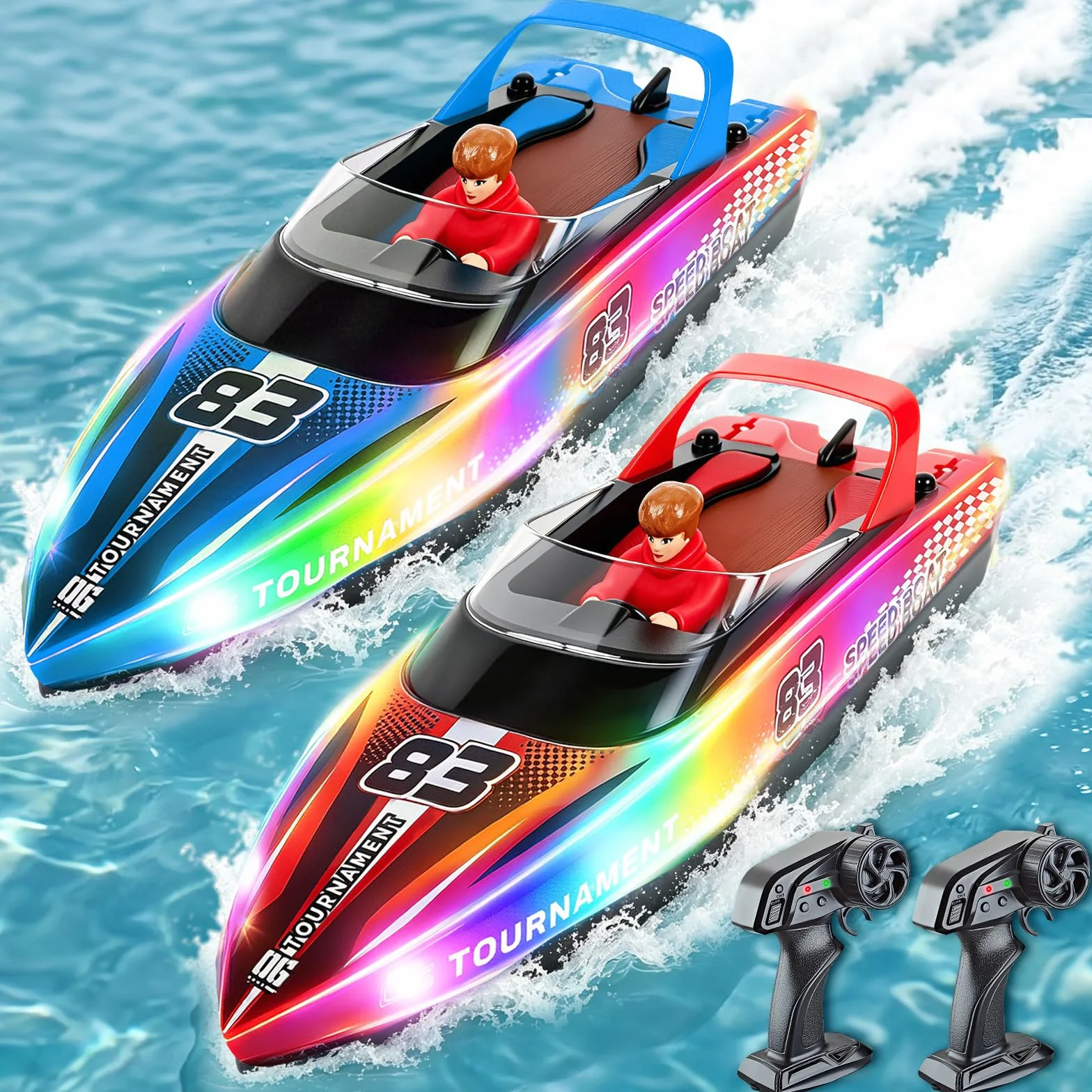YOOHBERRYS Bateau Télécommandé 2 Pièces, 2,4 GHz Bateau Telecommandé Enfant, Bateau de Course RC 15+ km/h avec Lumière LED pour Piscines et Lacs (2PCS)